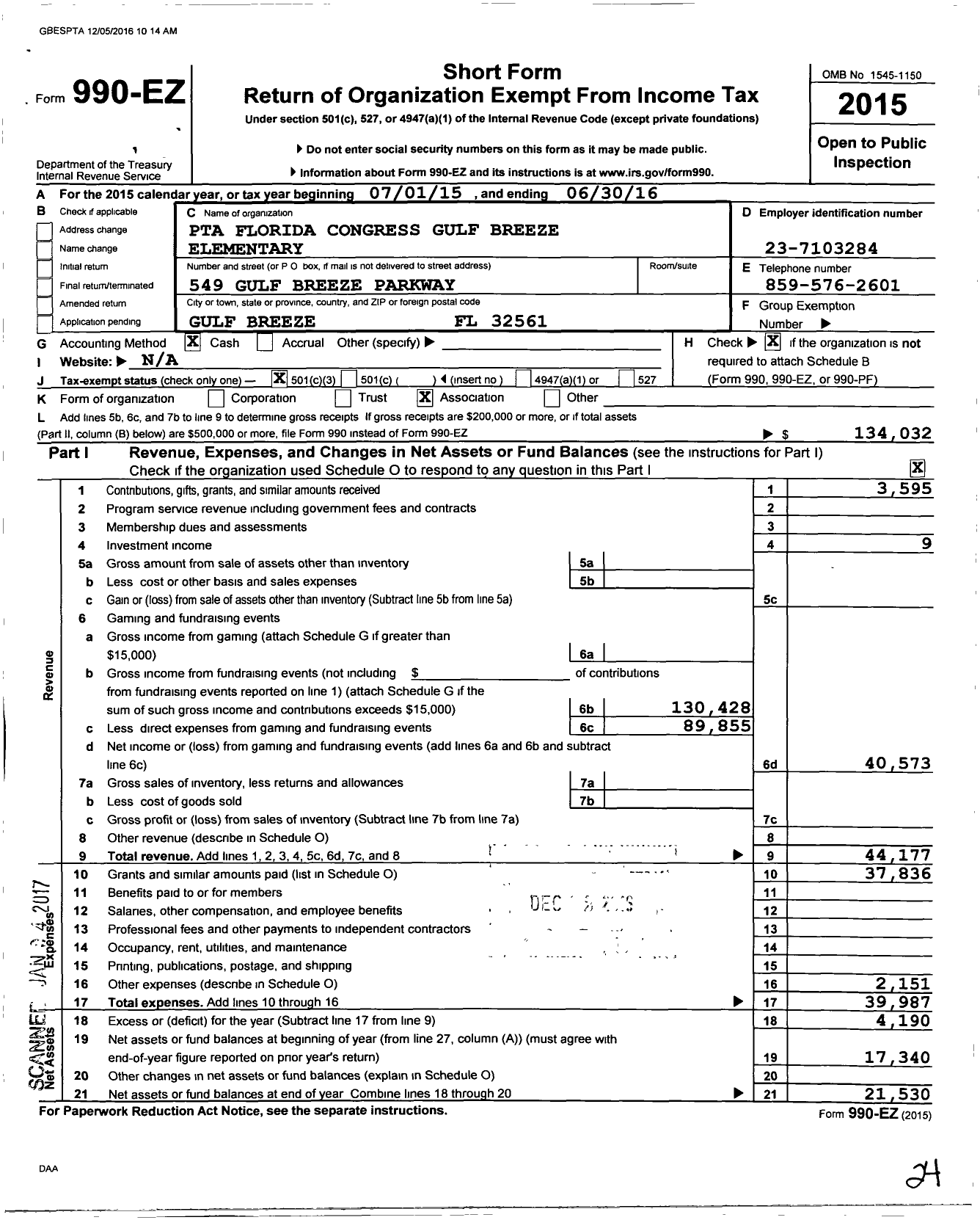 Image of first page of 2015 Form 990EZ for PTA Florida Congress Gulf Breeze Elementary