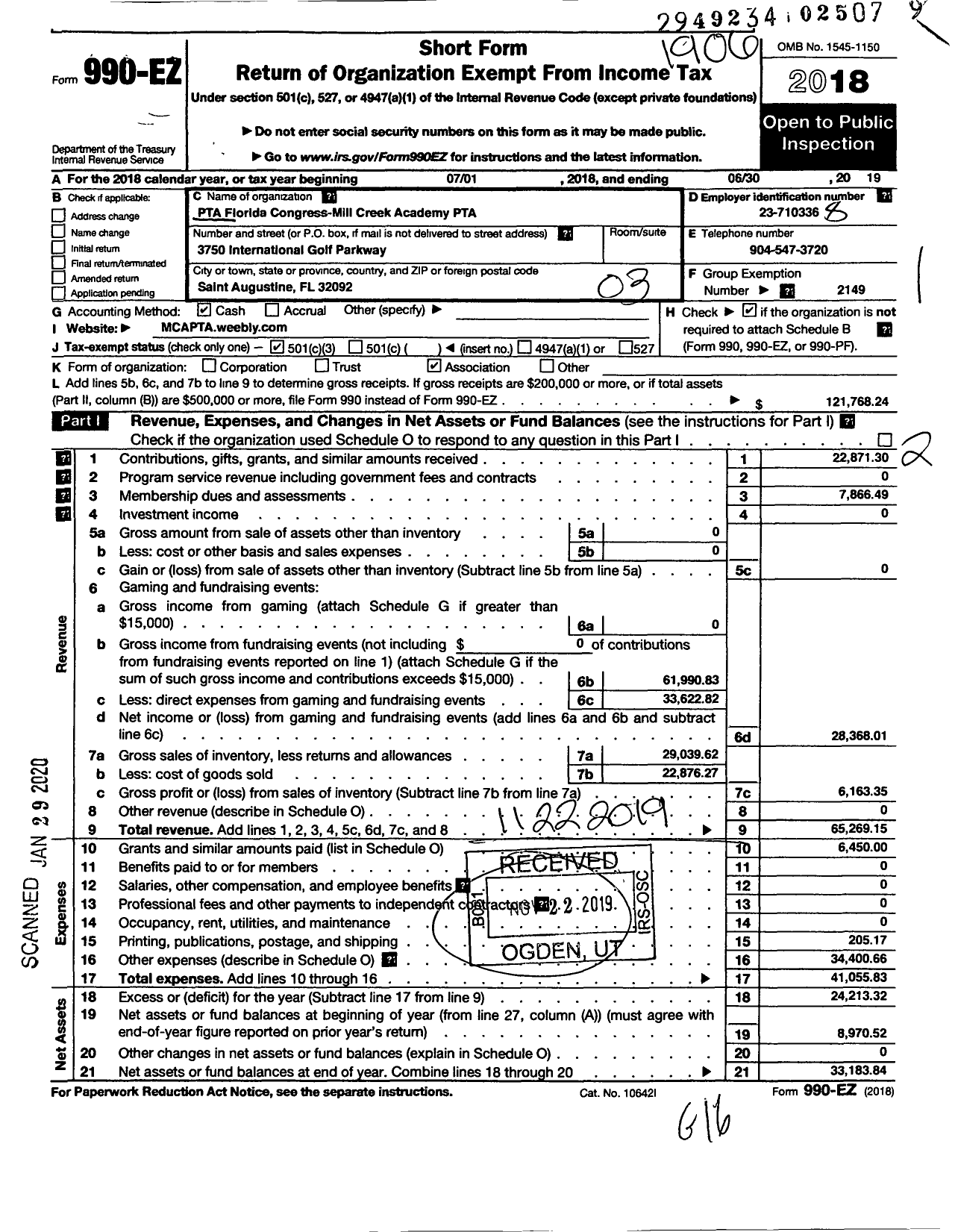 Image of first page of 2018 Form 990EZ for PTA Florida Congress - Mill Creek Elementary School PTA