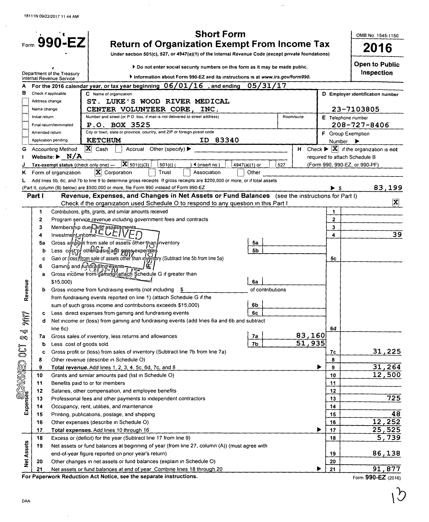 Image of first page of 2016 Form 990EZ for St Luke's Wood River Medical Center Volunteer Core