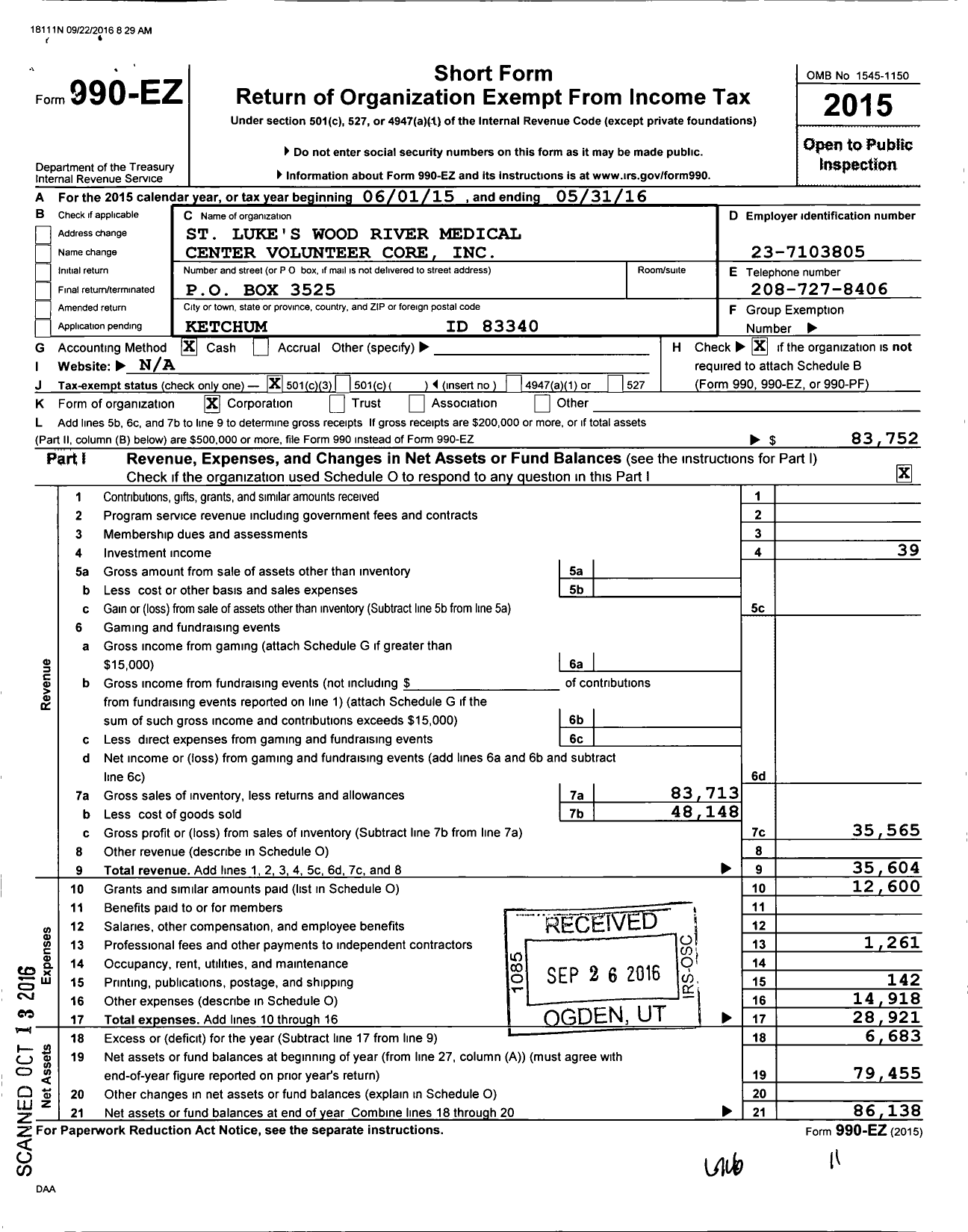 Image of first page of 2015 Form 990EZ for St Luke's Wood River Medical Center Volunteer Core