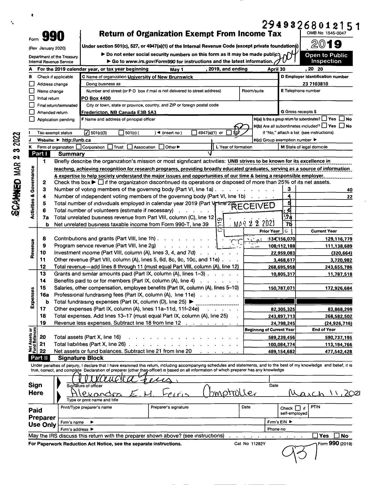 Image of first page of 2019 Form 990 for University of New Brunswick (UNB)