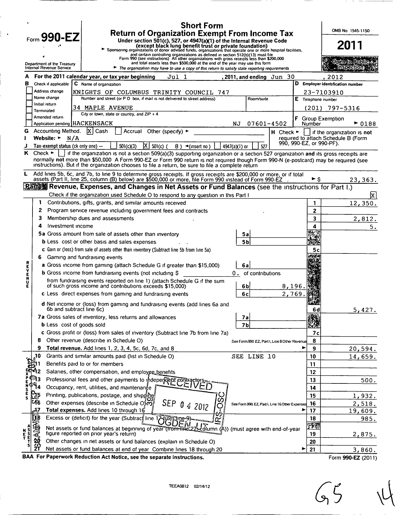 Image of first page of 2011 Form 990EO for Knights of Columbus Trinity Council 747