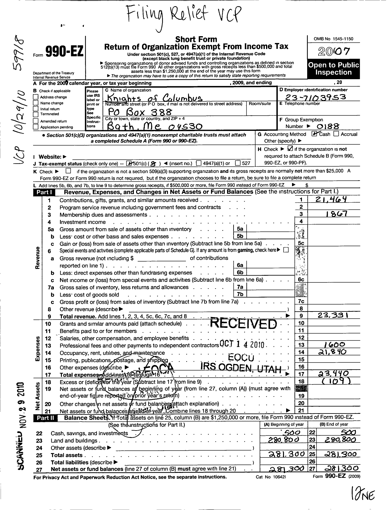 Image of first page of 2007 Form 990EO for Knights of Columbus - 249 Sagadahoc Council