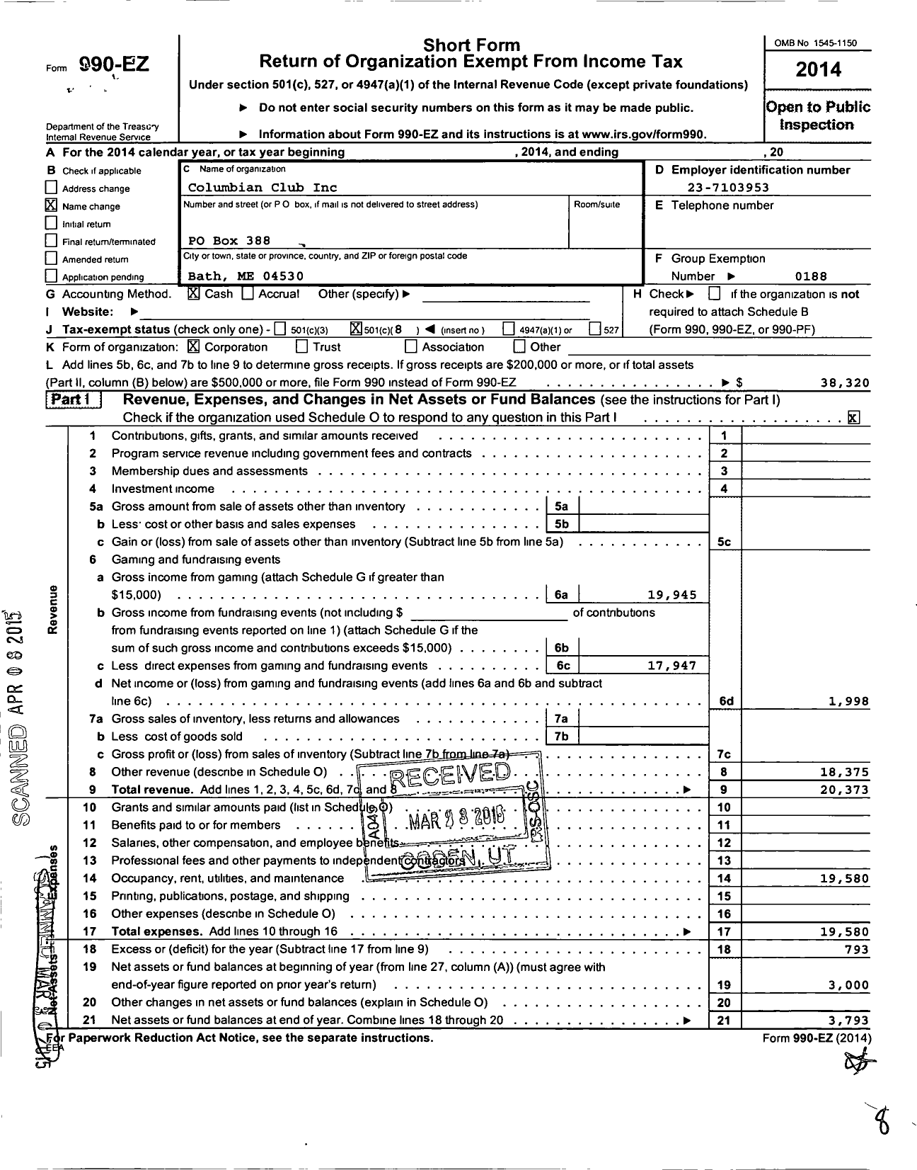 Image of first page of 2014 Form 990EO for Knights of Columbus - 249 Sagadahoc Council