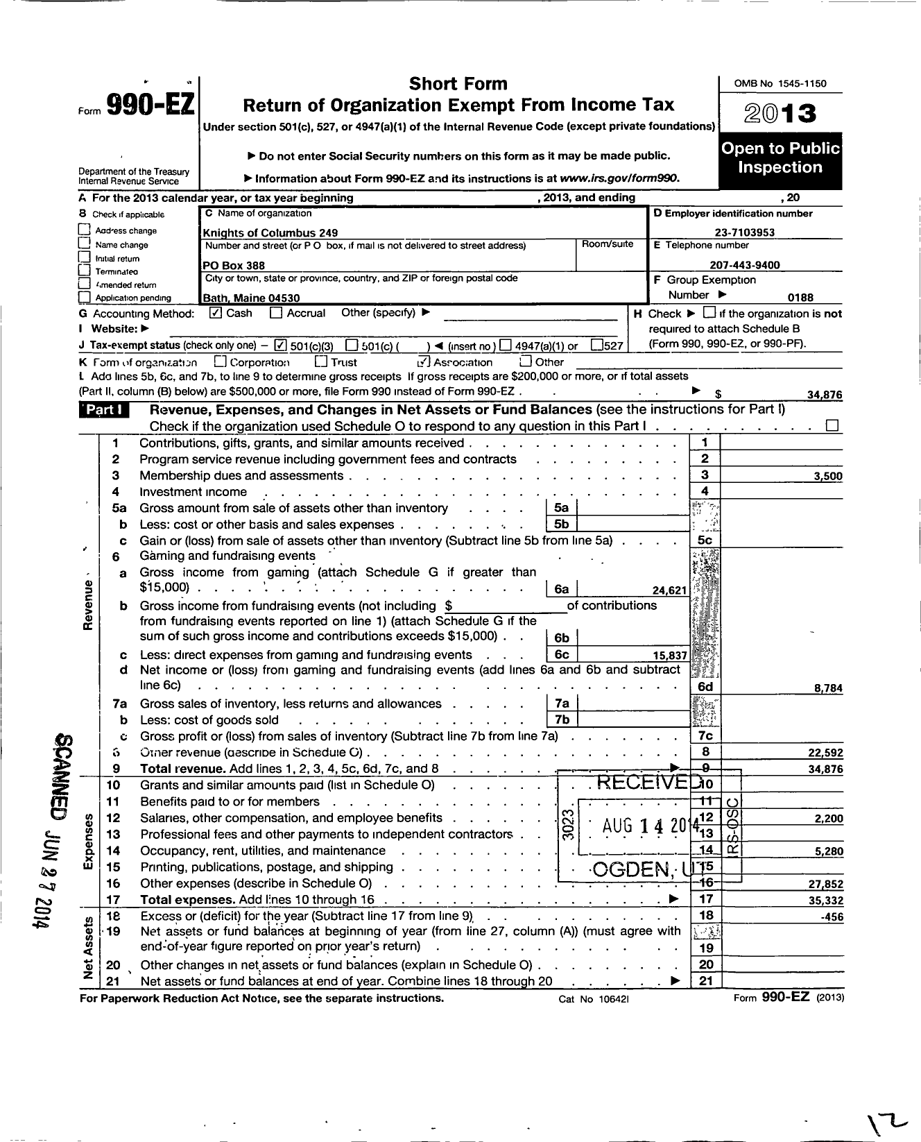 Image of first page of 2013 Form 990EZ for Knights of Columbus - 249 Sagadahoc Council