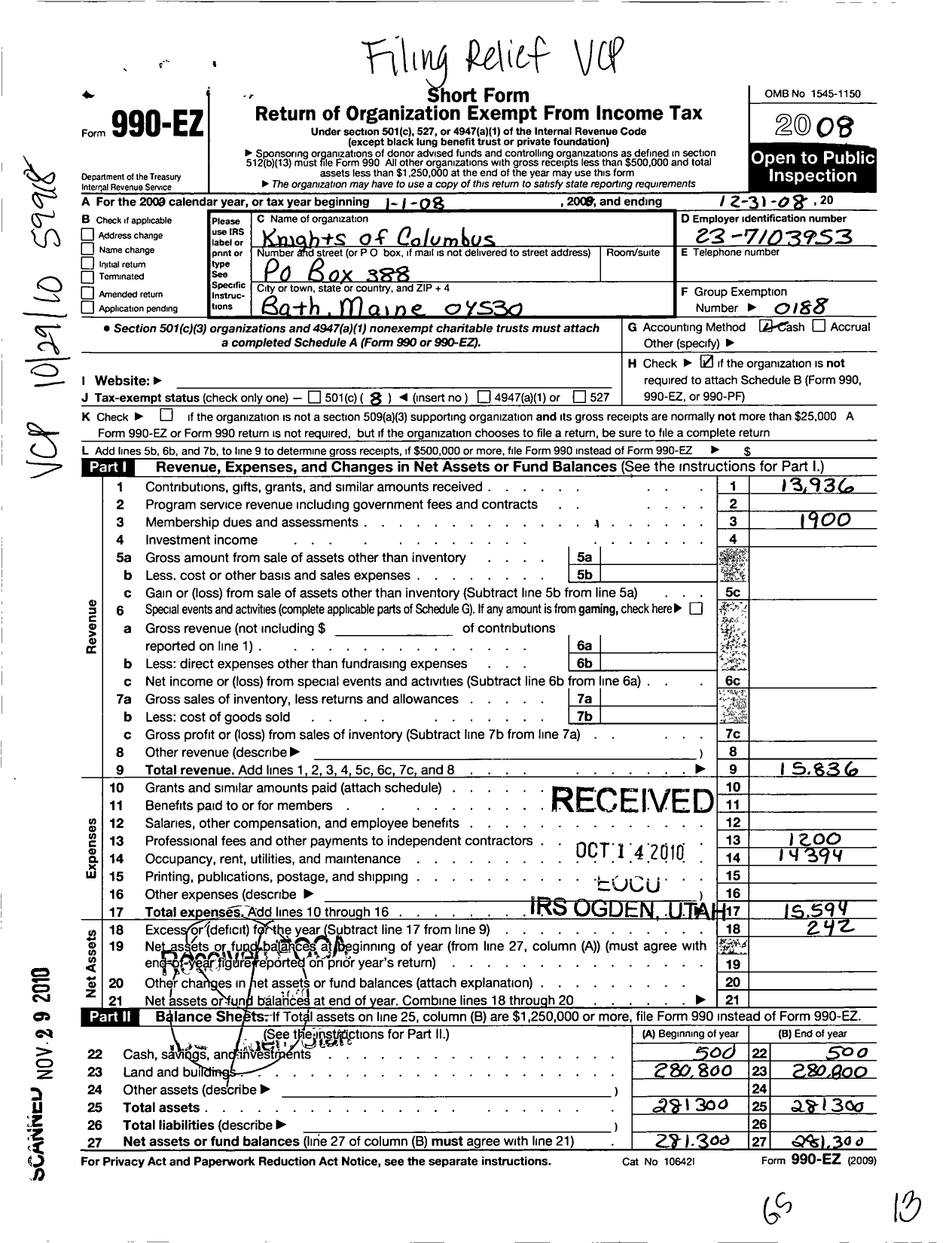 Image of first page of 2008 Form 990EO for Knights of Columbus - 249 Sagadahoc Council