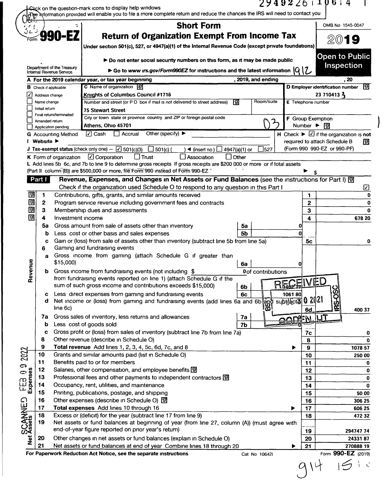 Image of first page of 2019 Form 990EZ for Knights of Columbus - 1716 Father Frank Patala Council