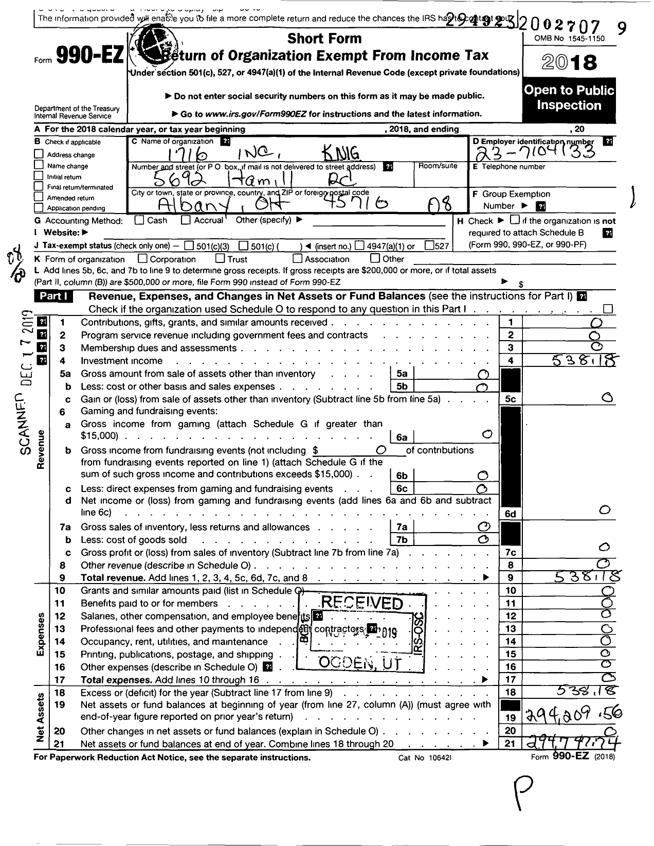 Image of first page of 2018 Form 990EO for Knights of Columbus - 1716 Father Frank Patala Council