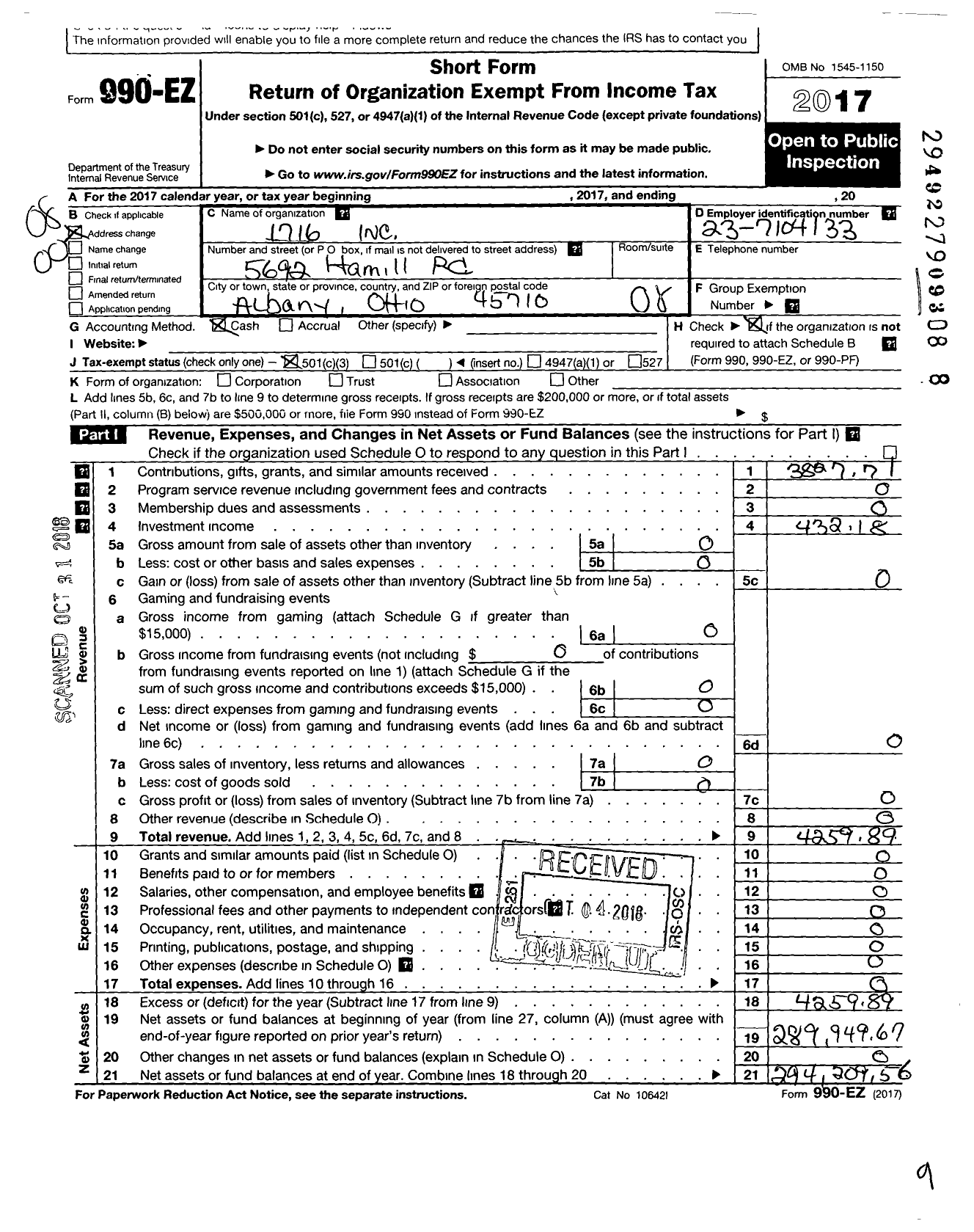 Image of first page of 2017 Form 990EO for Knights of Columbus - 1716 Father Frank Patala Council