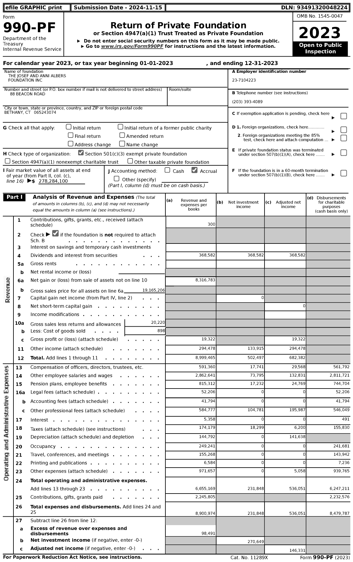 Image of first page of 2023 Form 990PF for The Josef and Anni Albers Foundation