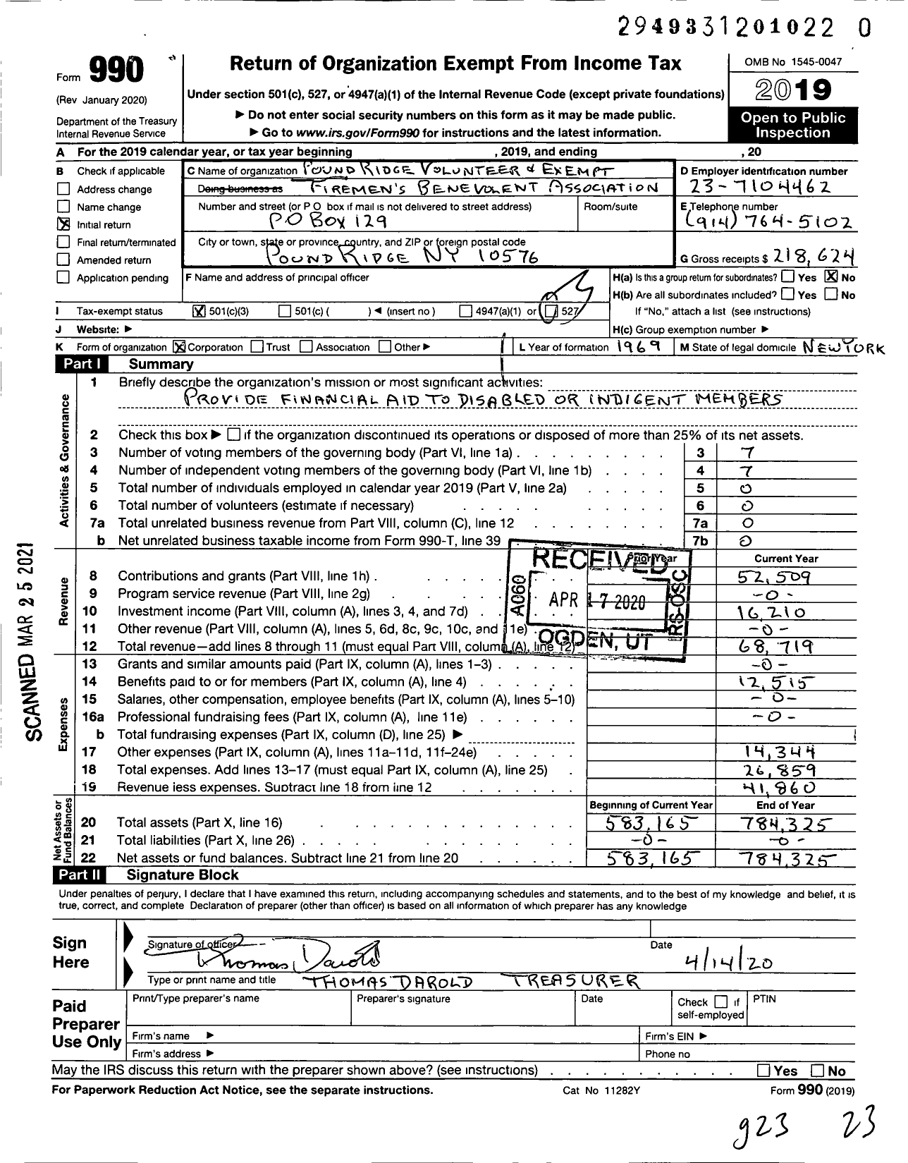 Image of first page of 2019 Form 990 for Pound Ridge Volunteer and Exempt Firemens Benevolent Association