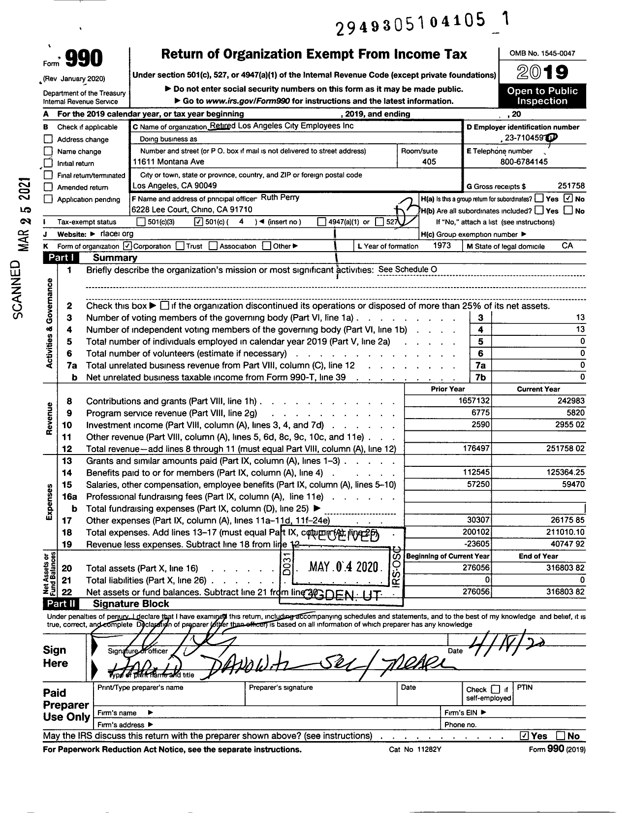 Image of first page of 2019 Form 990 for Retired Los Angeles City Employees