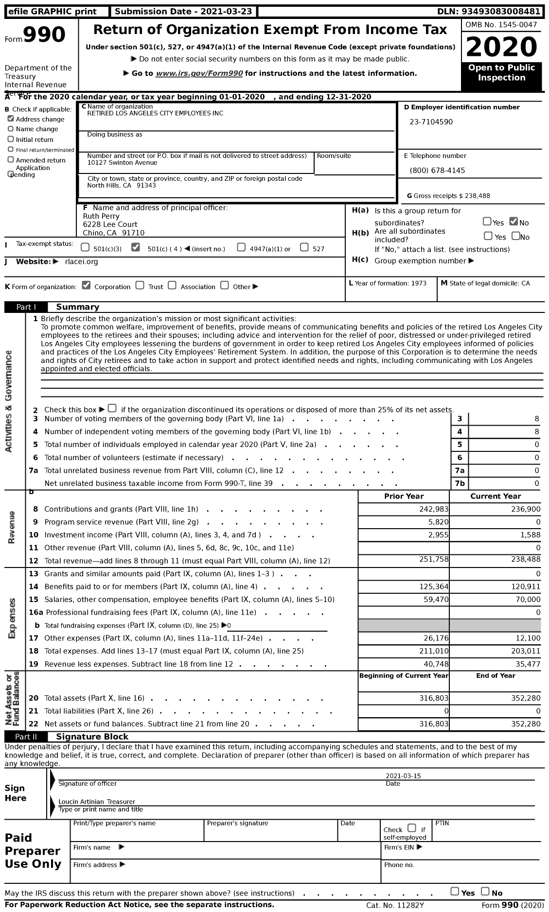 Image of first page of 2020 Form 990 for Retired Los Angeles City Employees