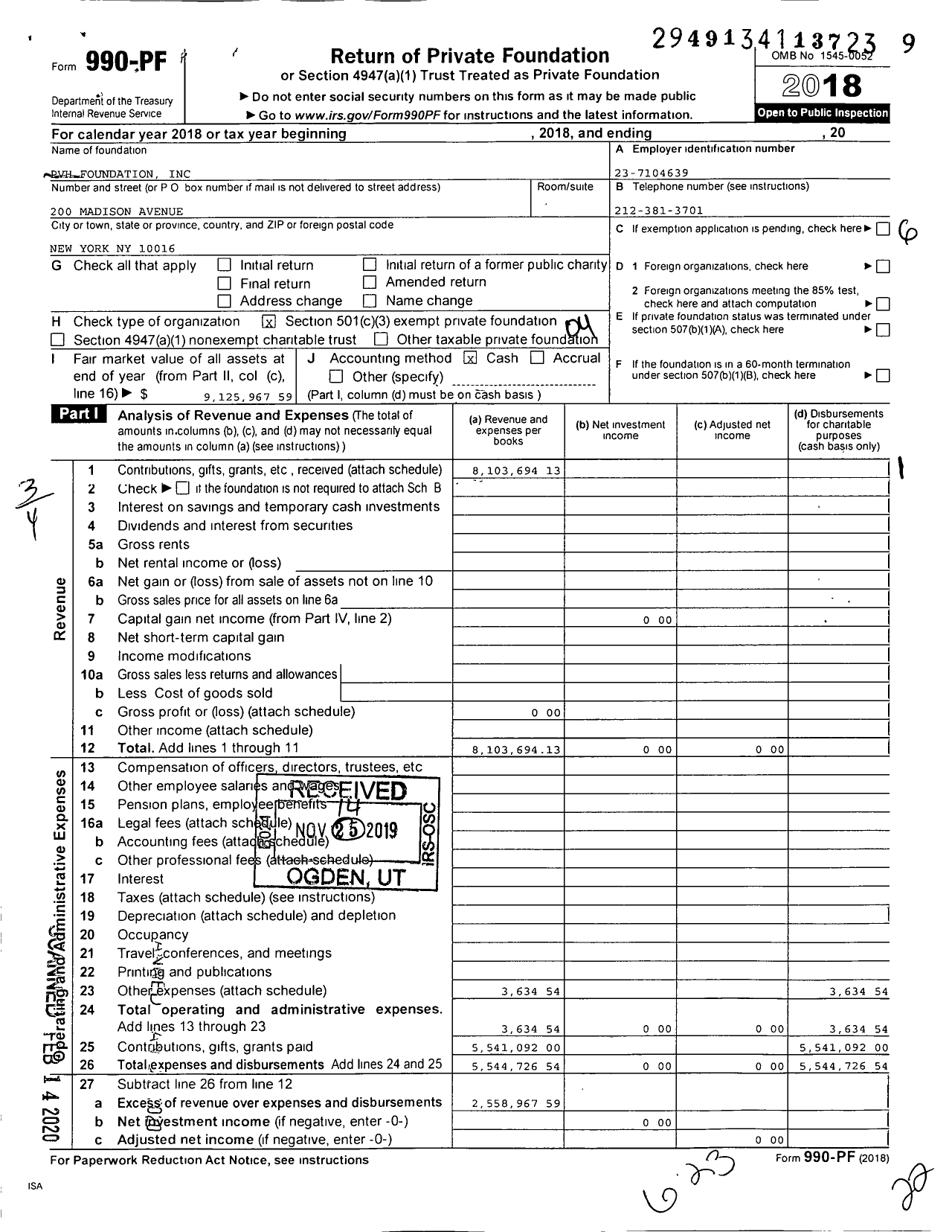 Image of first page of 2018 Form 990PF for PVH Foundation