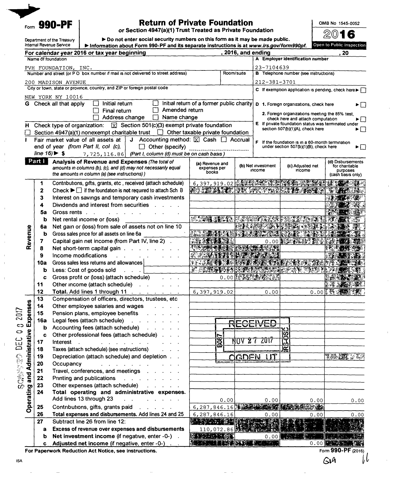 Image of first page of 2016 Form 990PF for PVH Foundation
