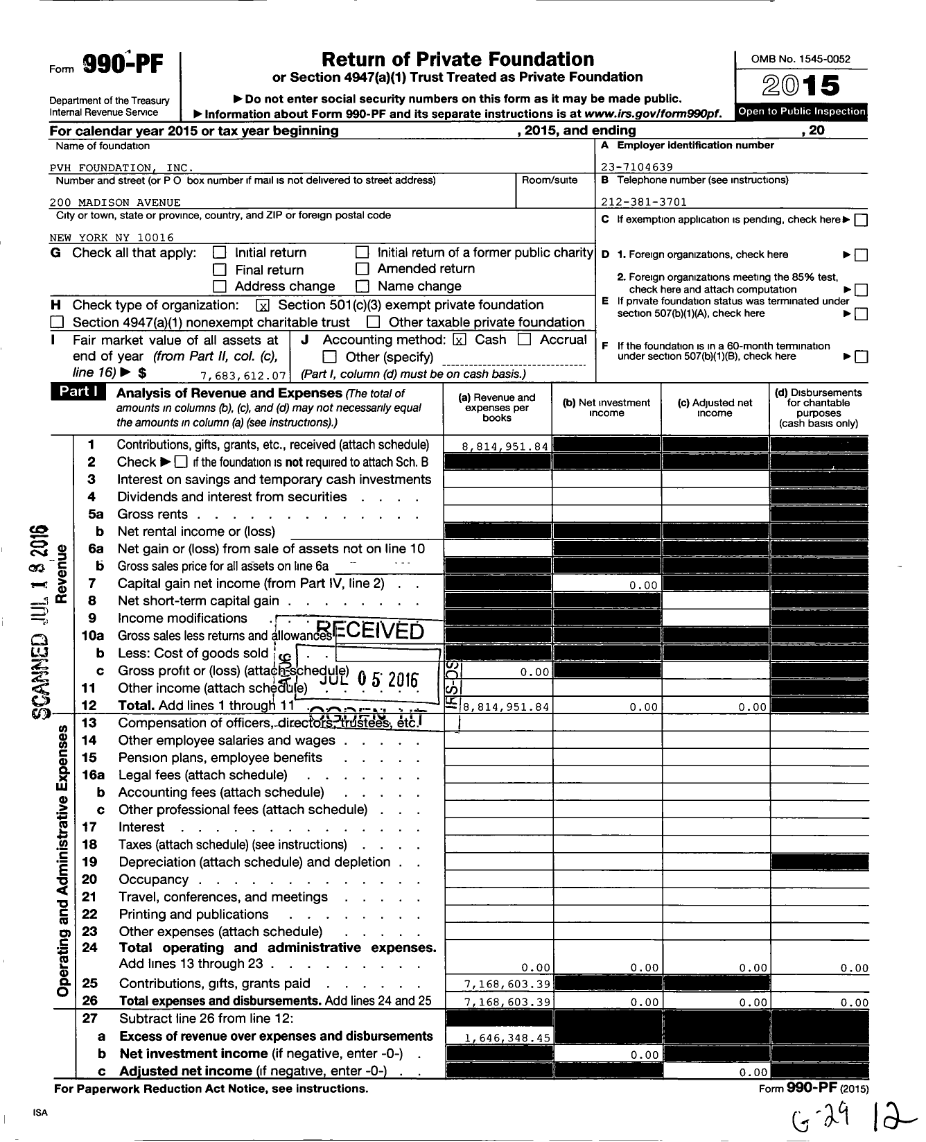 Image of first page of 2015 Form 990PF for PVH Foundation