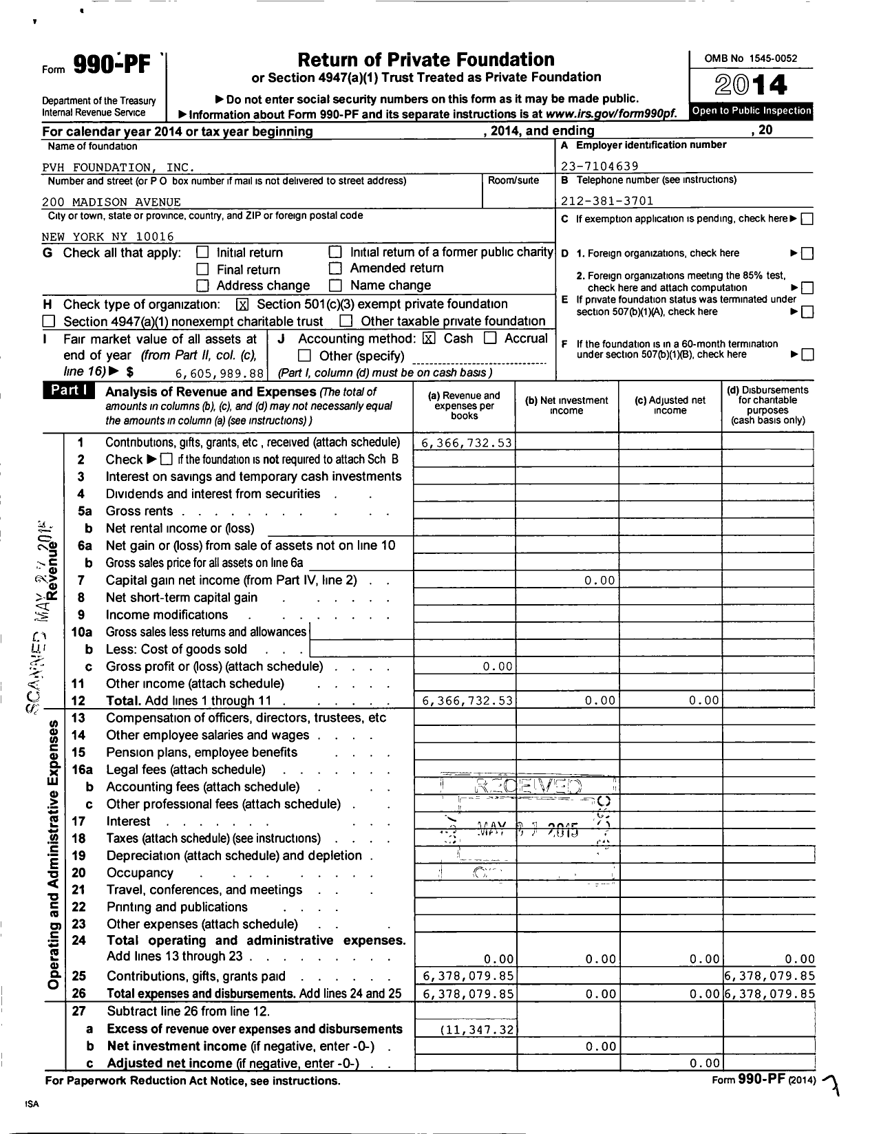 Image of first page of 2014 Form 990PF for PVH Foundation