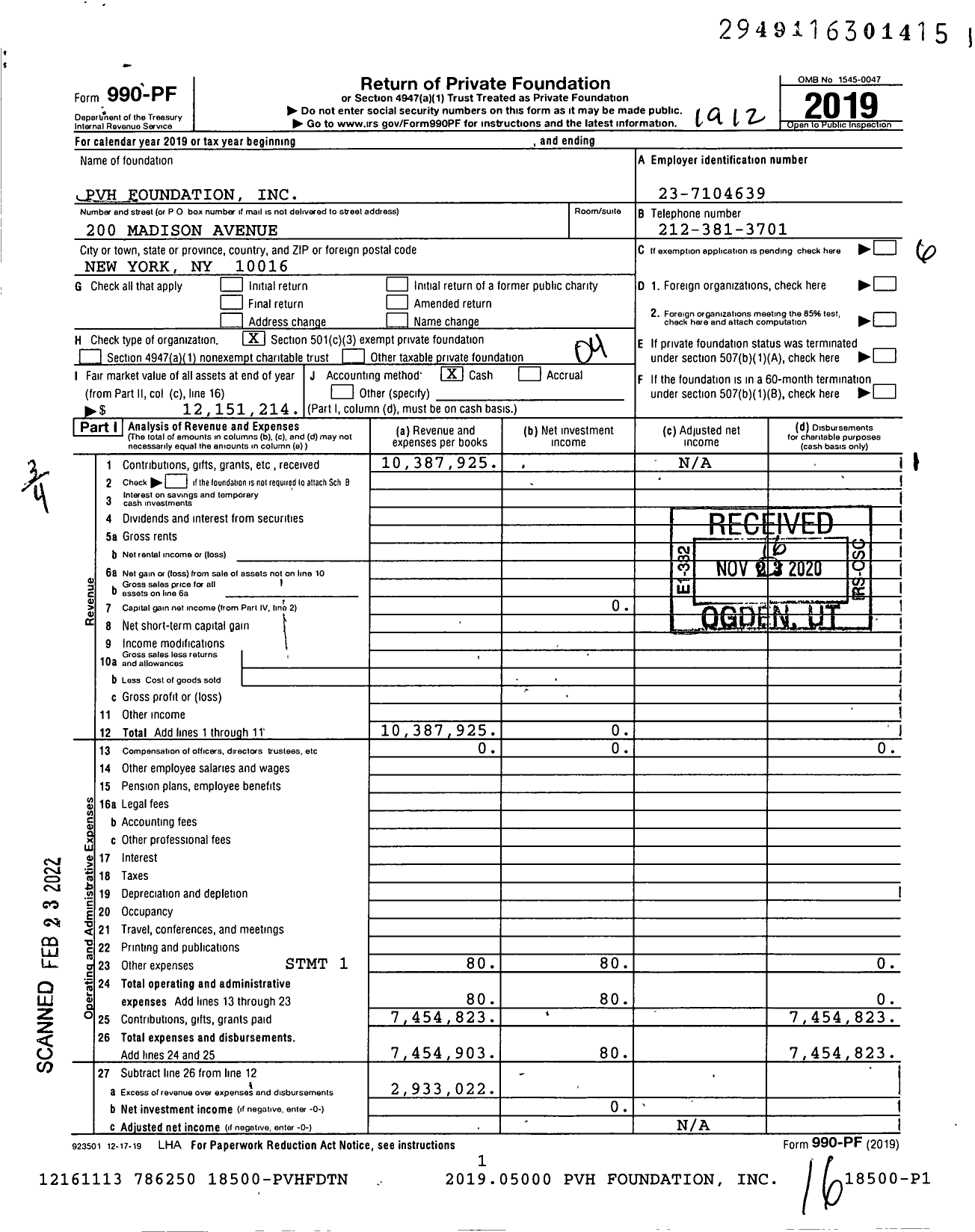Image of first page of 2019 Form 990PF for PVH Foundation