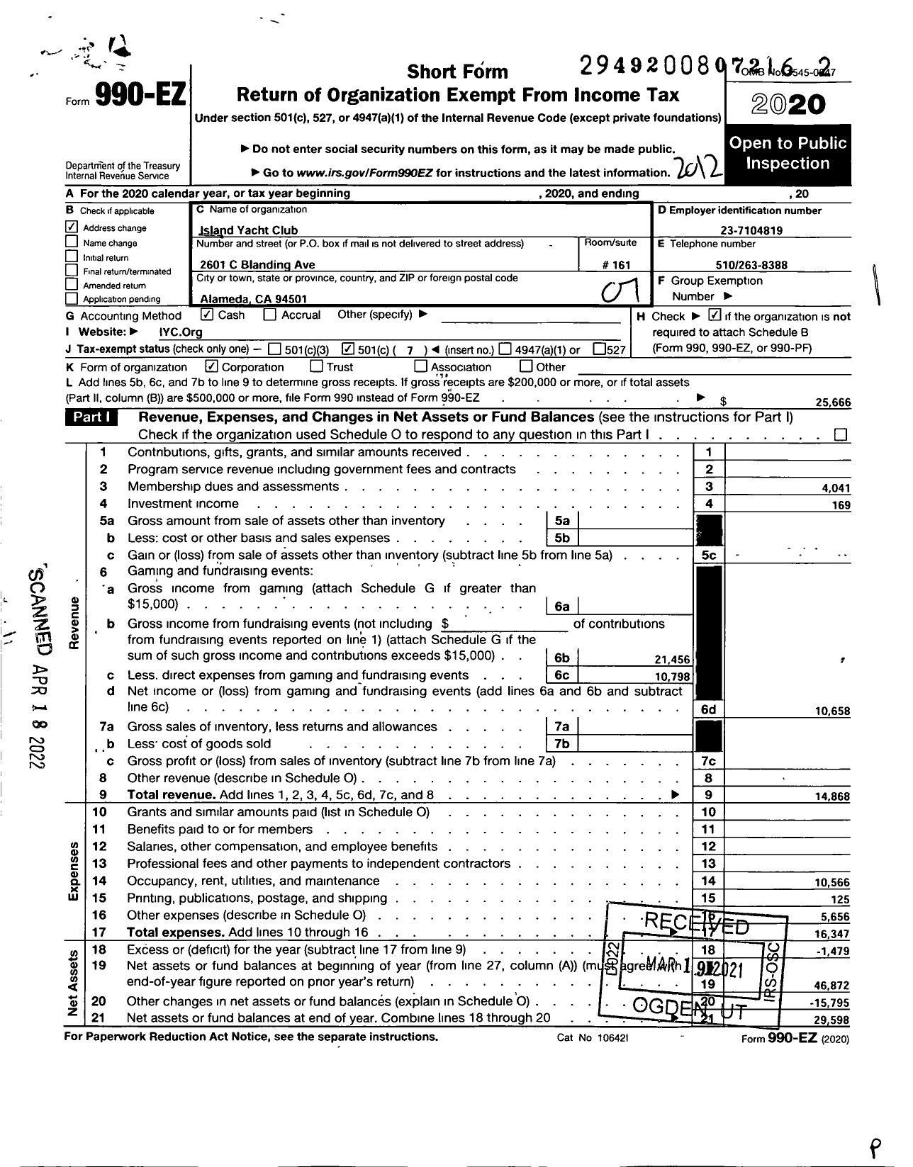 Image of first page of 2020 Form 990EO for Island Yacht Club