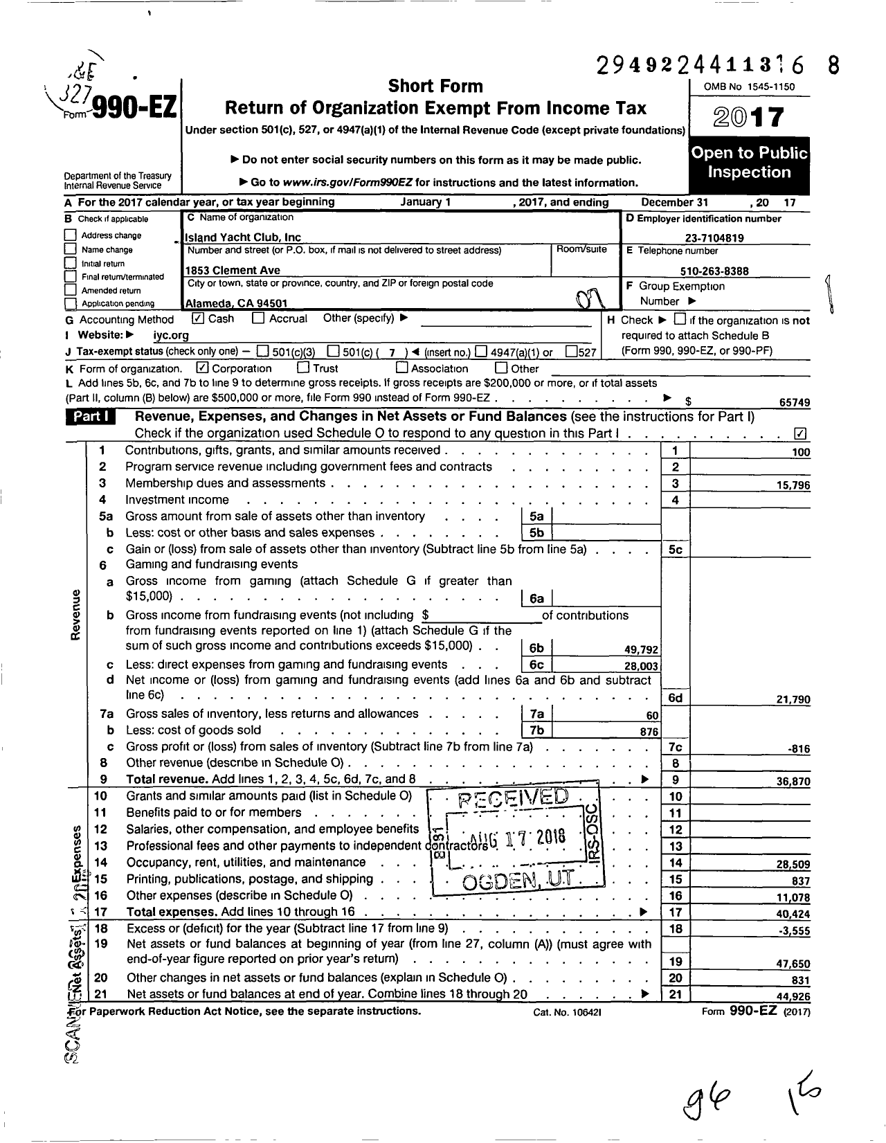 Image of first page of 2017 Form 990EO for Island Yacht Club