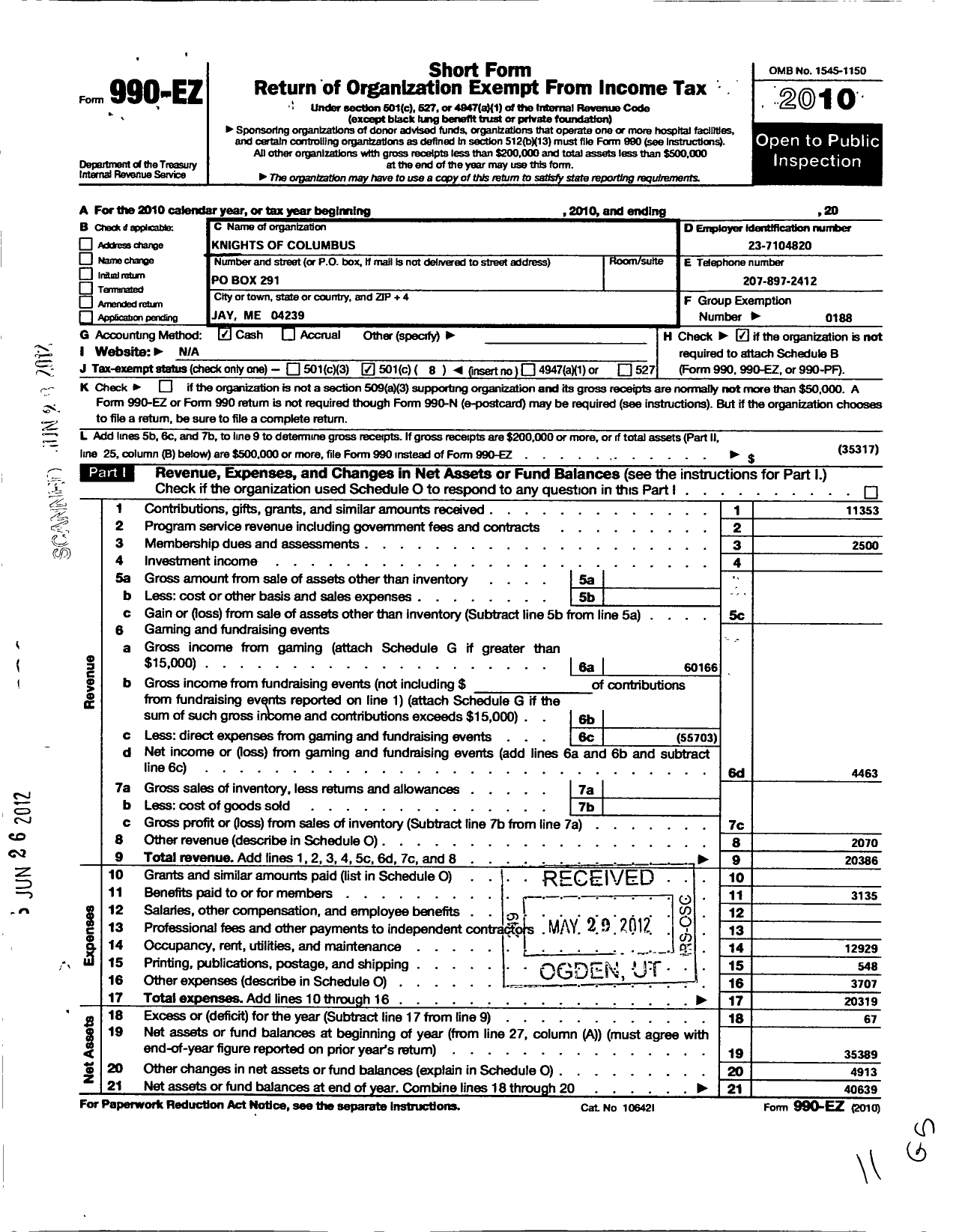 Image of first page of 2010 Form 990EO for Knights of Columbus - 320 St Rose Council