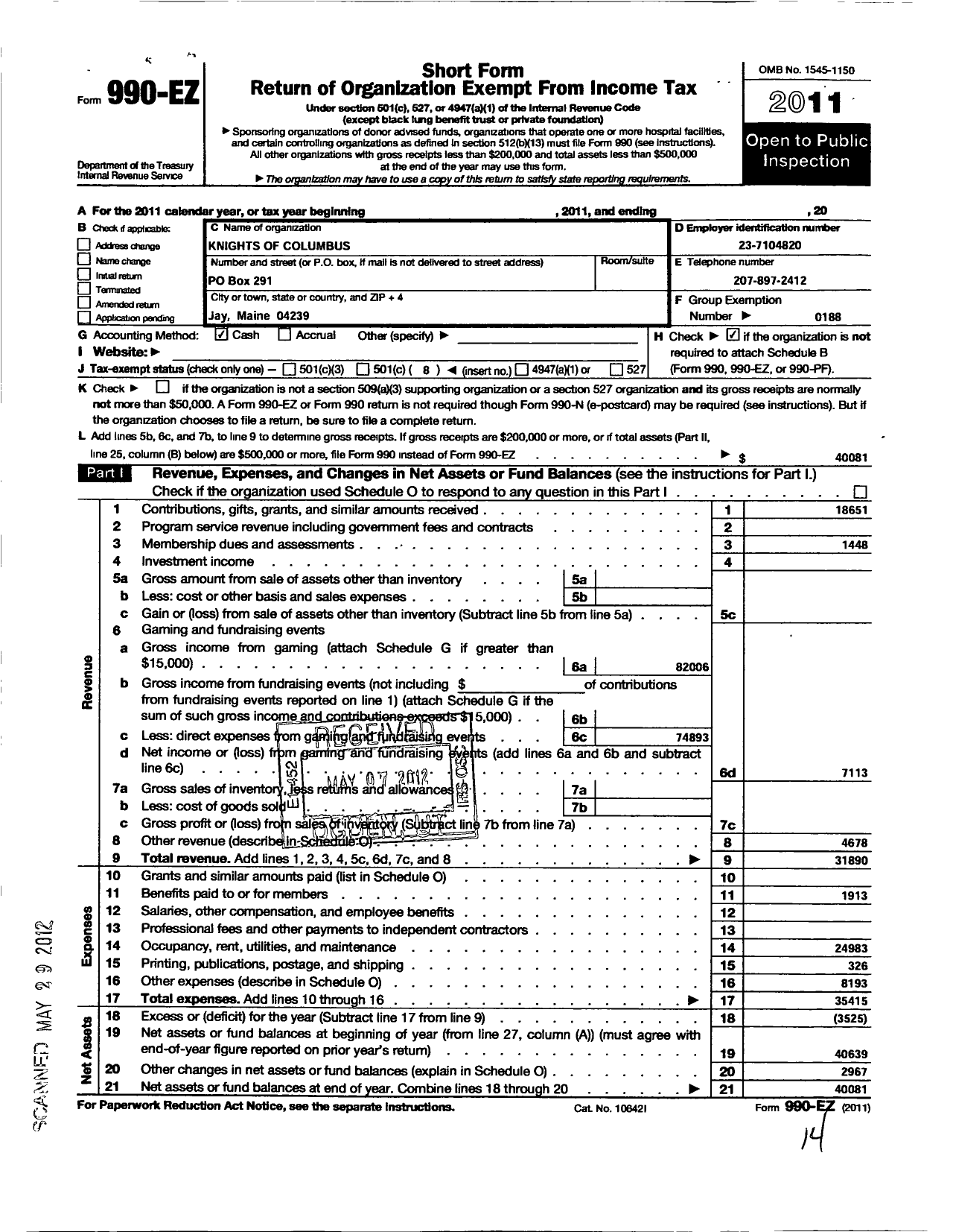 Image of first page of 2011 Form 990EO for Knights of Columbus - 320 St Rose Council