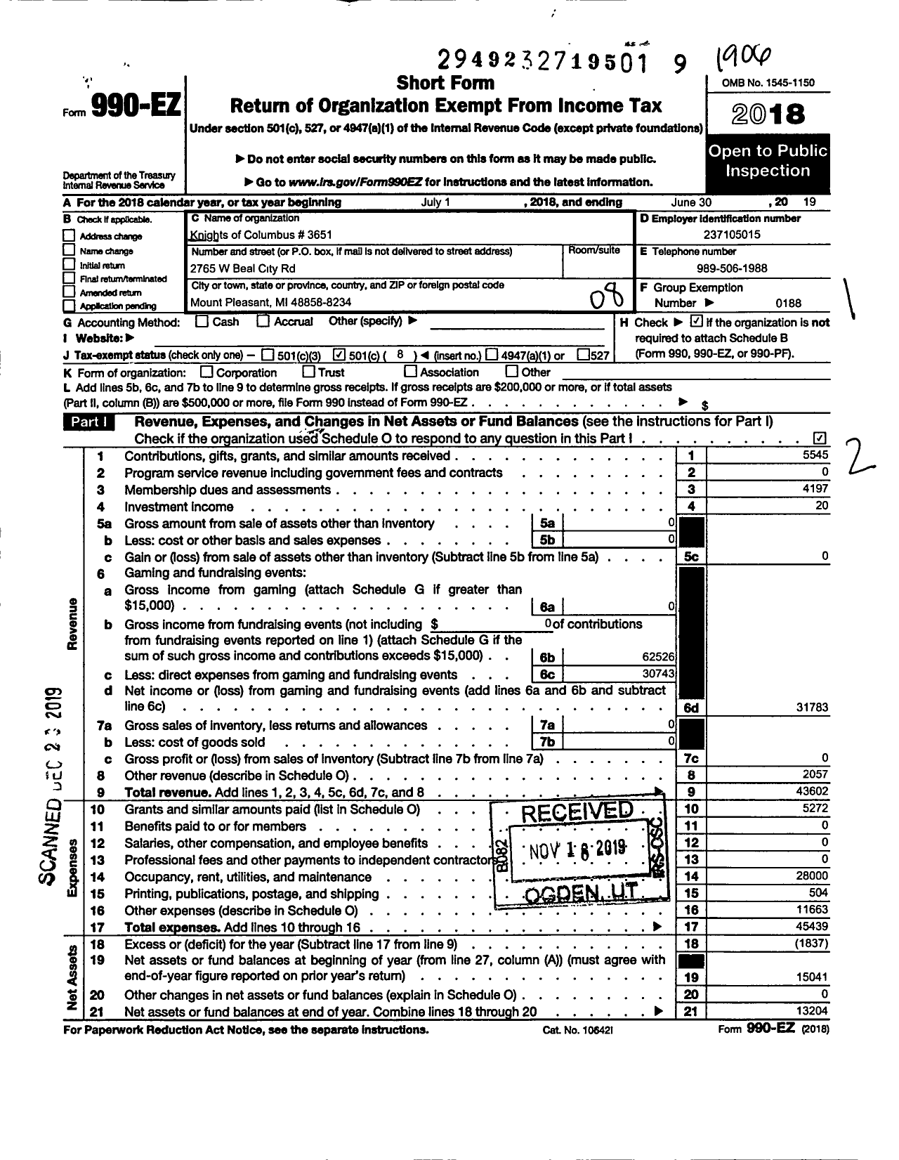 Image of first page of 2018 Form 990EO for Knights of Columbus - 3651 Beal City Council