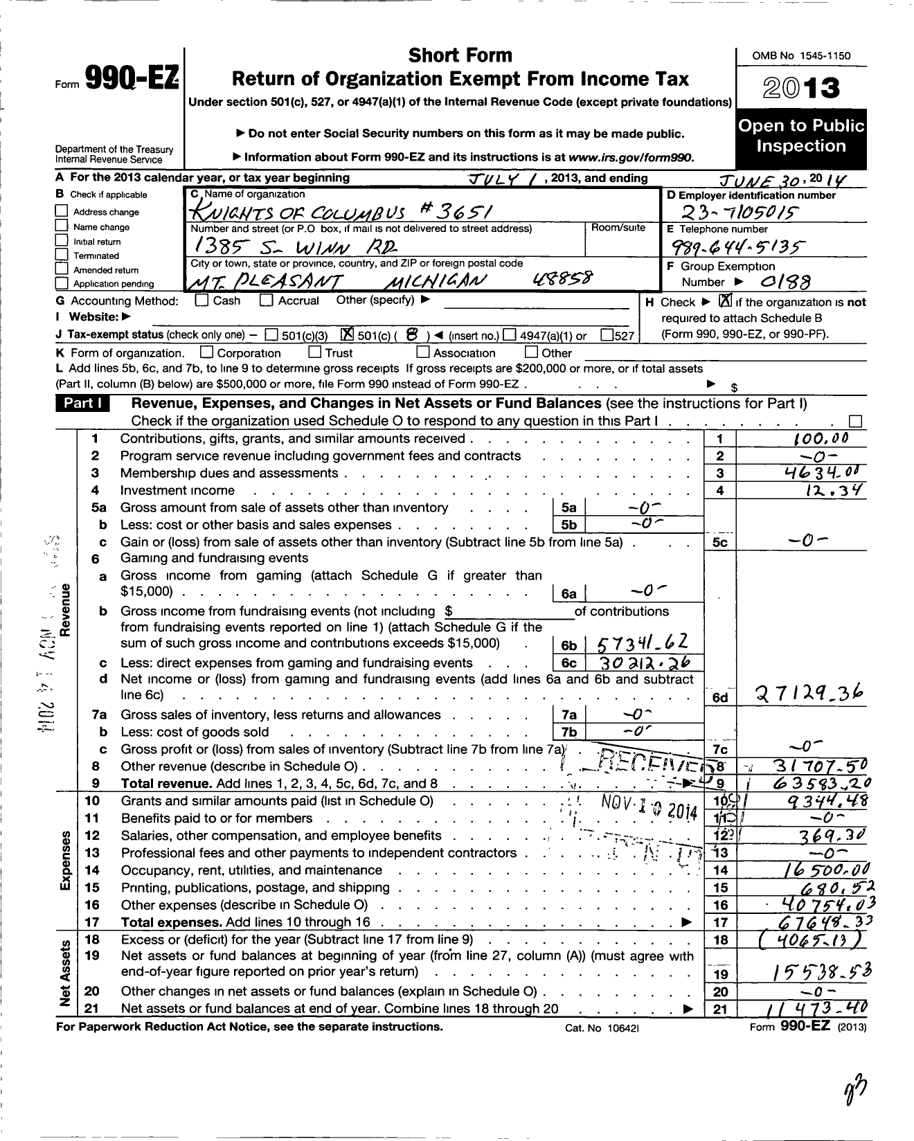 Image of first page of 2013 Form 990EO for Knights of Columbus - 3651 Beal City Council