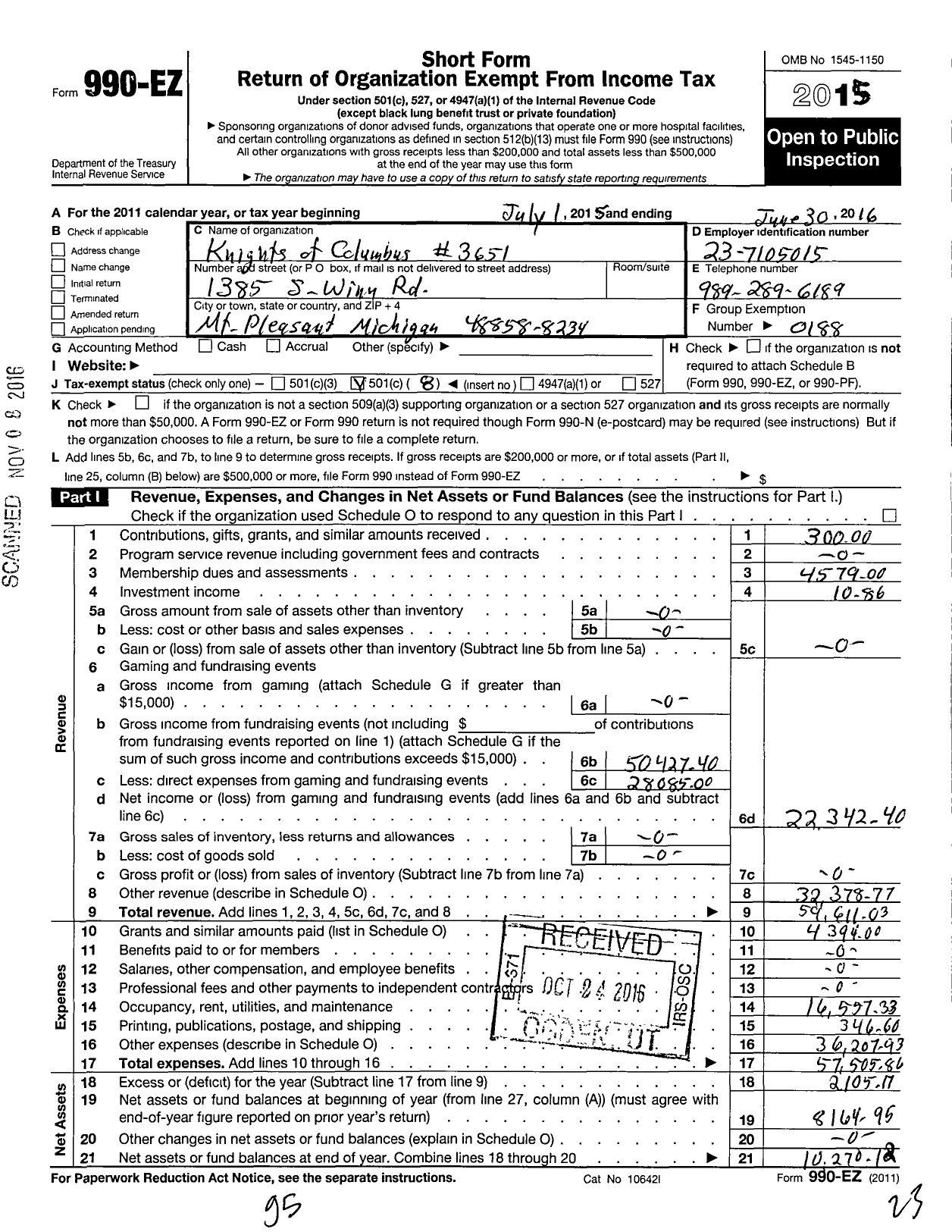 Image of first page of 2015 Form 990EO for Knights of Columbus - 3651 Beal City Council