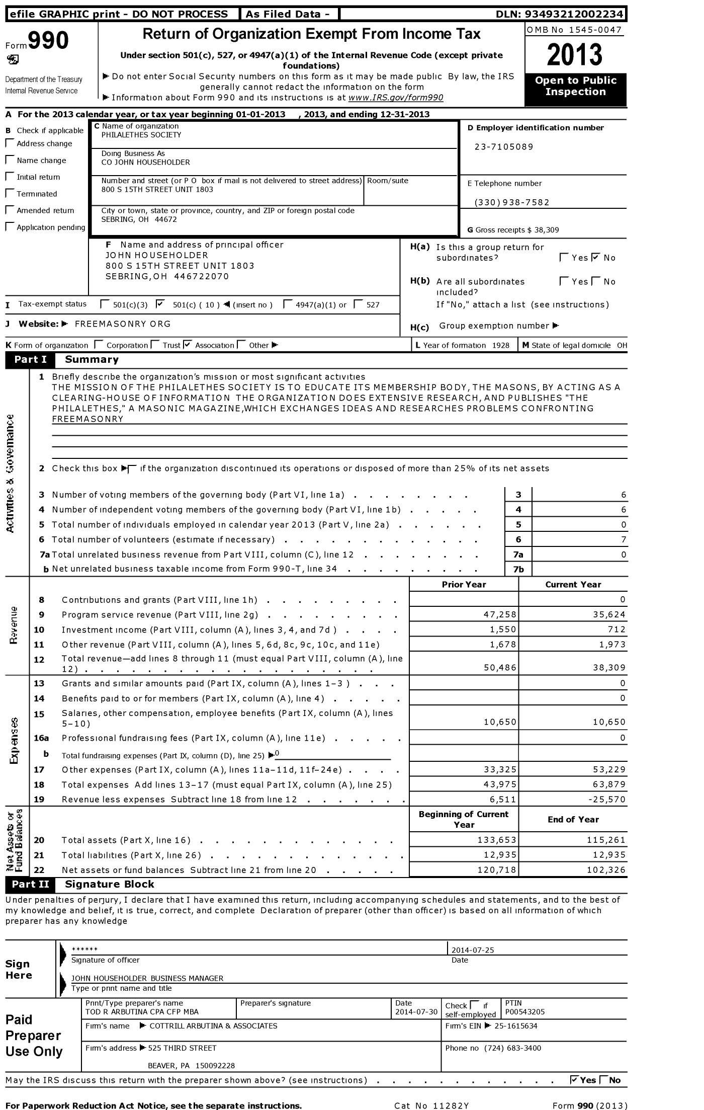 Image of first page of 2013 Form 990O for Philalethes Society