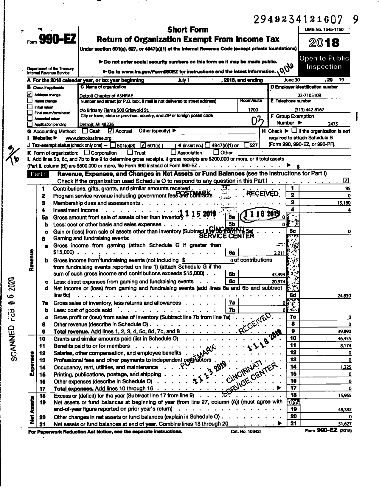 Image of first page of 2018 Form 990EZ for American Society of Heating Refrigerating and A-C Engineers / Detroit