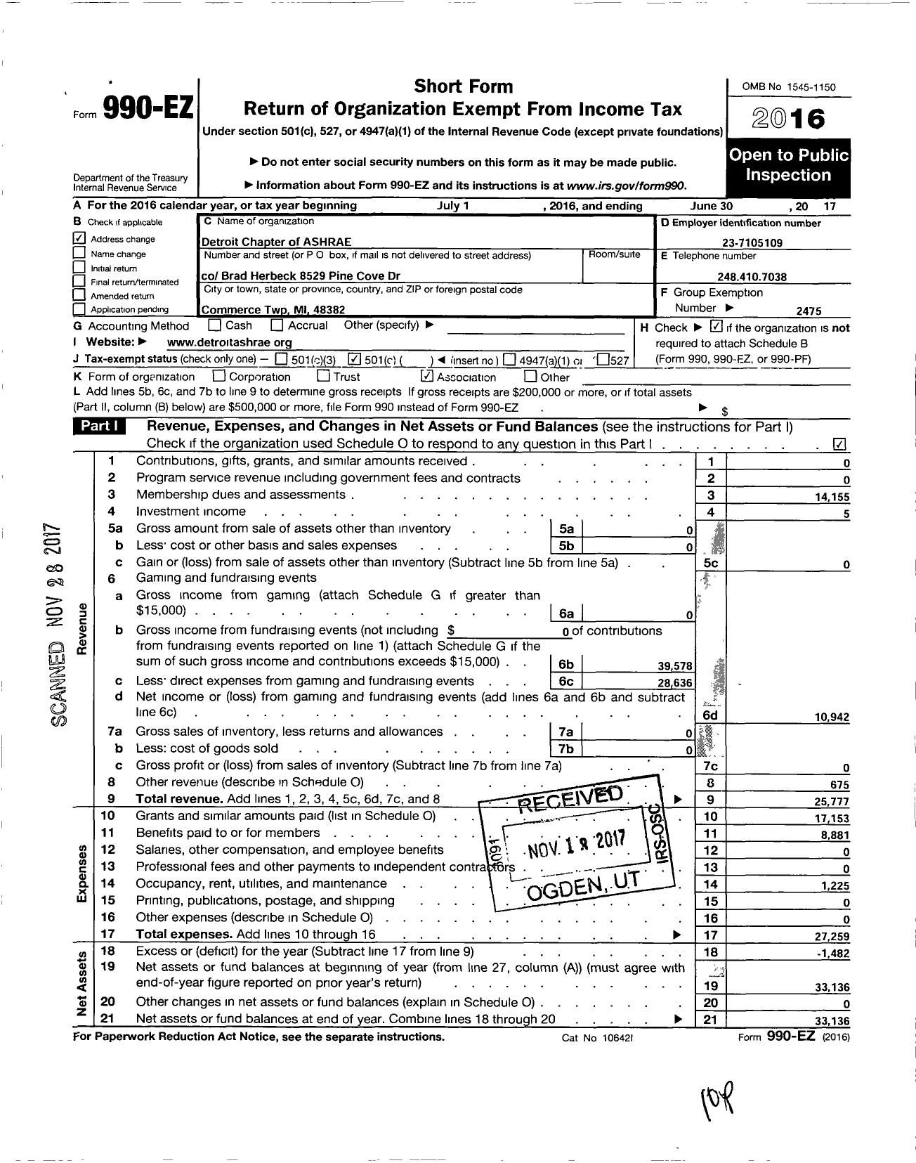 Image of first page of 2016 Form 990EO for American Society of Heating Refrigerating and A-C Engineers / Detroit