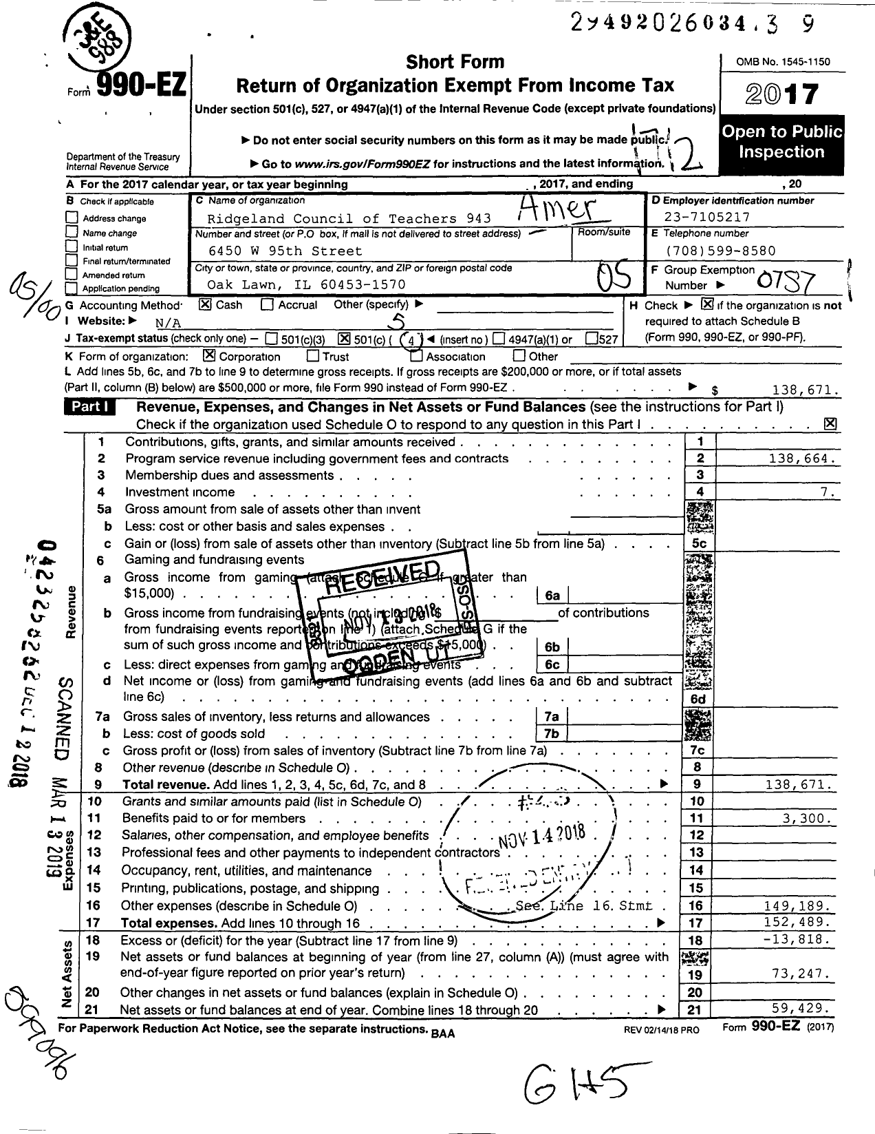 Image of first page of 2017 Form 990EO for American Federation of Teachers - 943 Ridgeland Council of Teachers