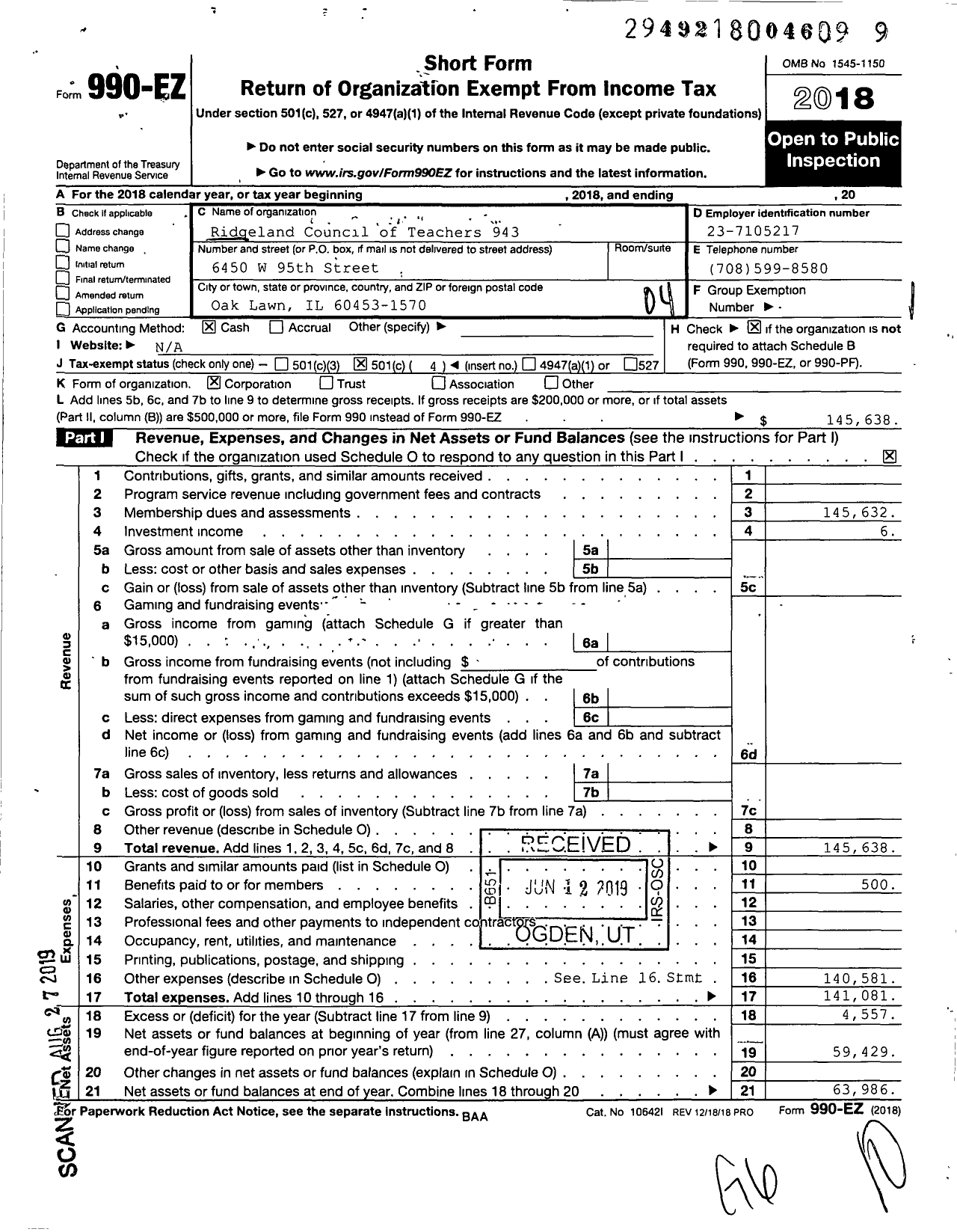 Image of first page of 2018 Form 990EO for American Federation of Teachers - 943 Ridgeland Council of Teachers