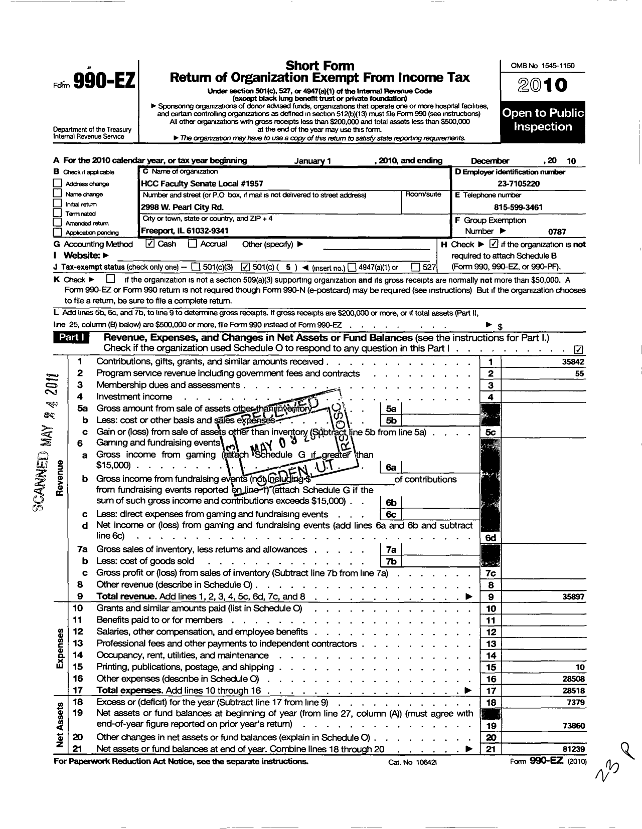 Image of first page of 2010 Form 990EO for American Federation of Teachers - 1957 Highland Comm College Faculty