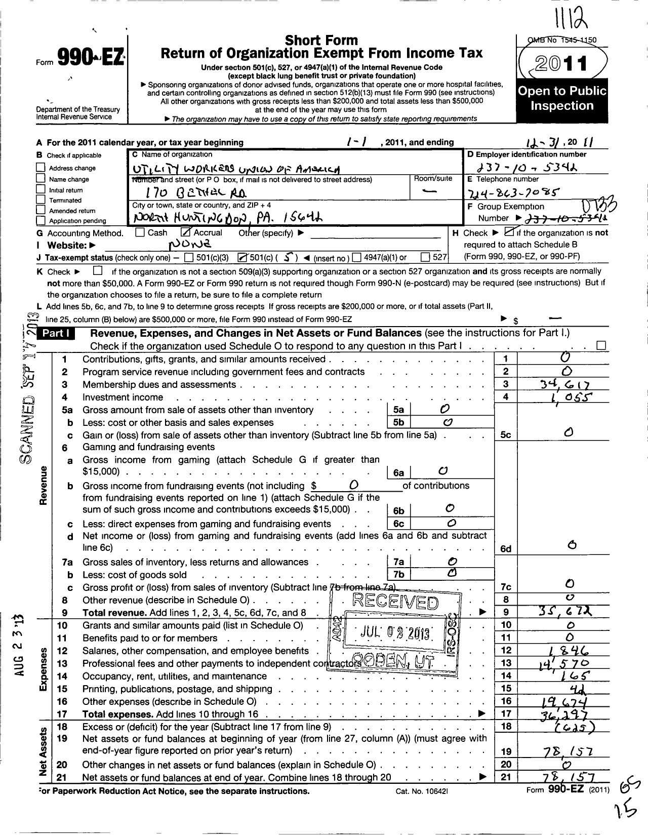 Image of first page of 2011 Form 990EO for Utility Workers Union of America AFL-CIO