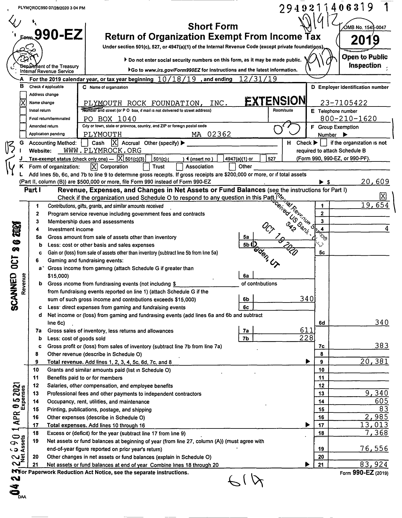 Image of first page of 2019 Form 990EZ for Plymouth Rock Foundation