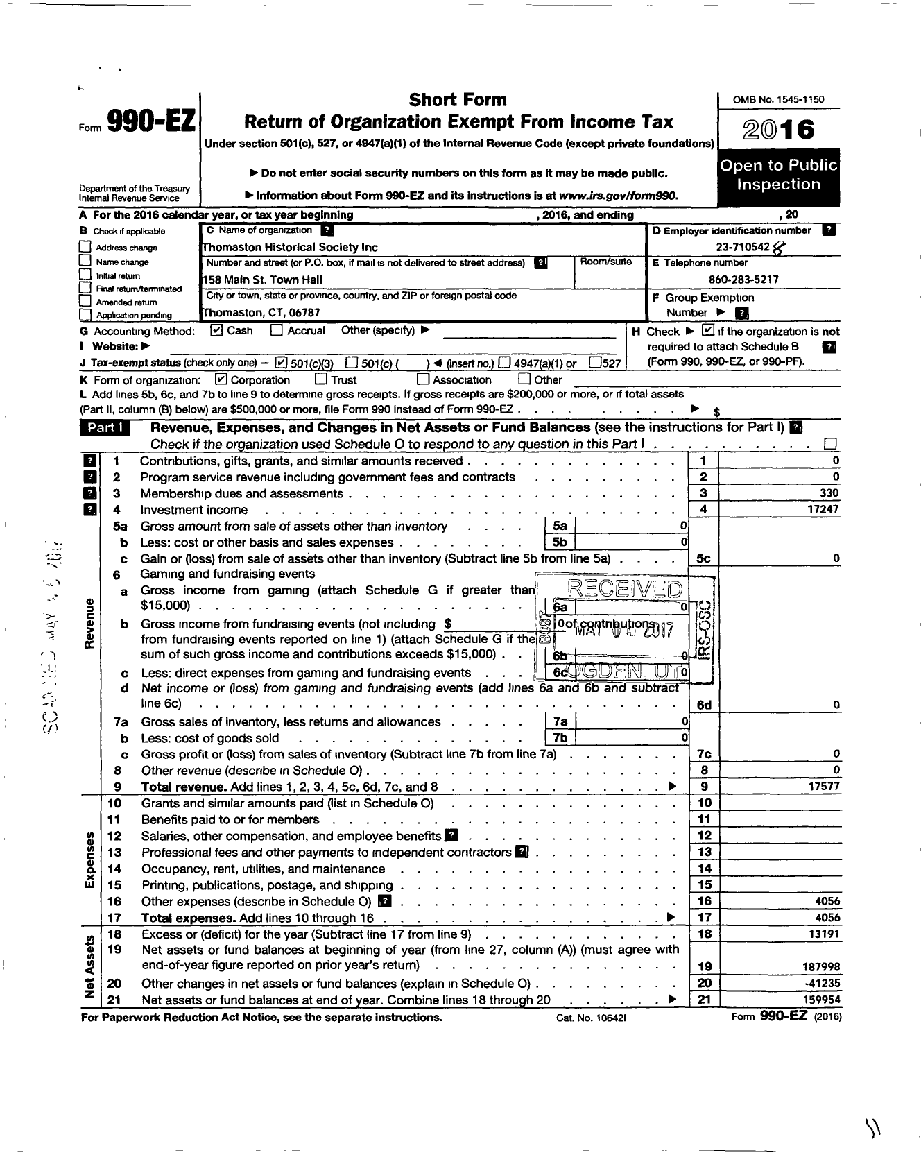 Image of first page of 2016 Form 990EZ for Thomaston Historical Society