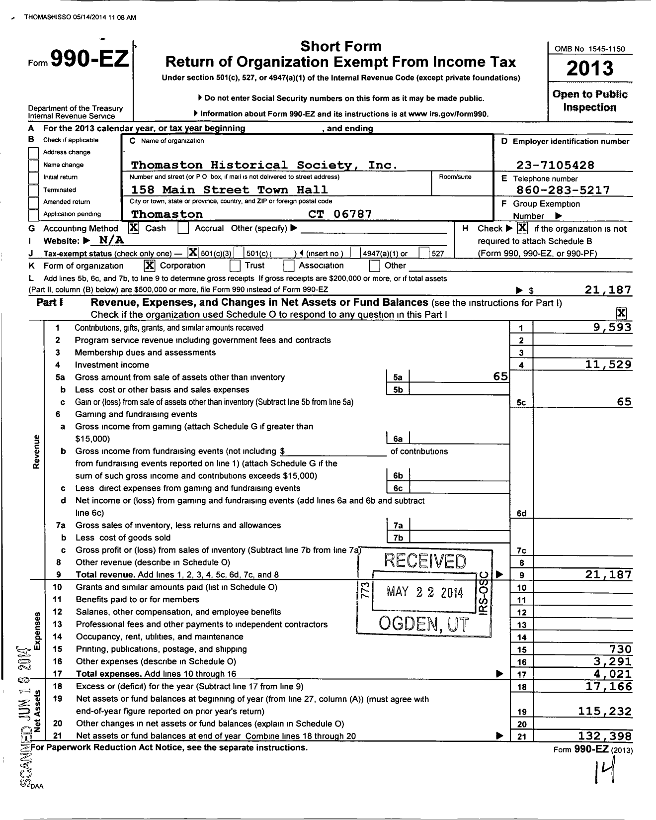 Image of first page of 2013 Form 990EZ for Thomaston Historical Society