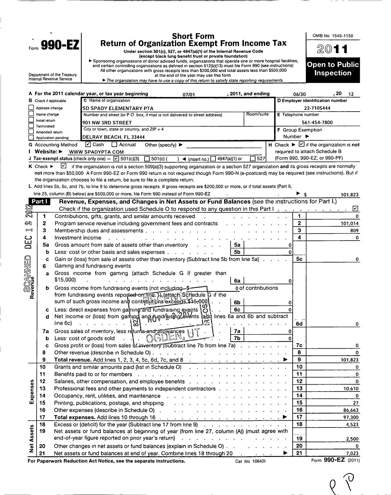 Image of first page of 2011 Form 990EZ for PTA Florida Congress - S D Spady Elementary PTA