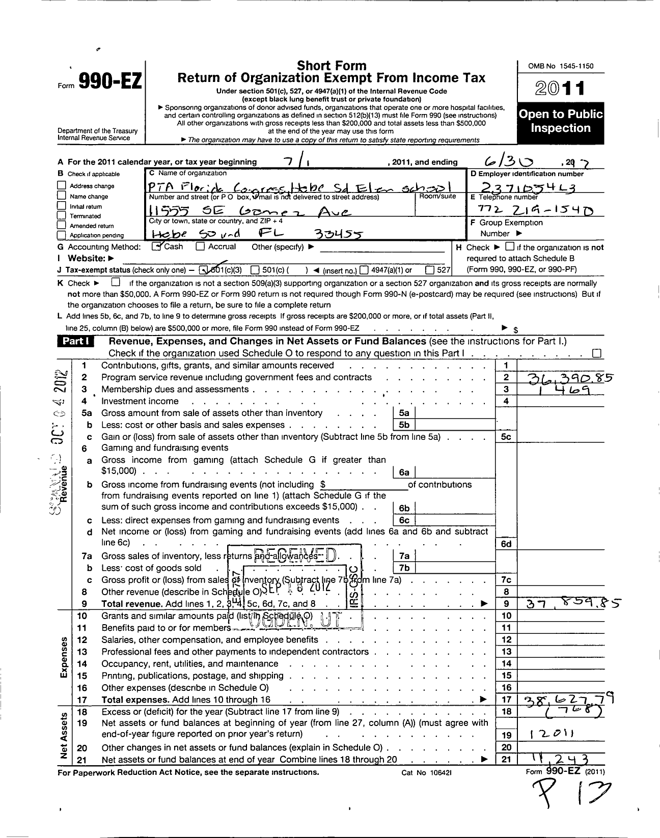 Image of first page of 2011 Form 990EZ for PTA Florida Congress - Hobe Sound Elementary School PTA