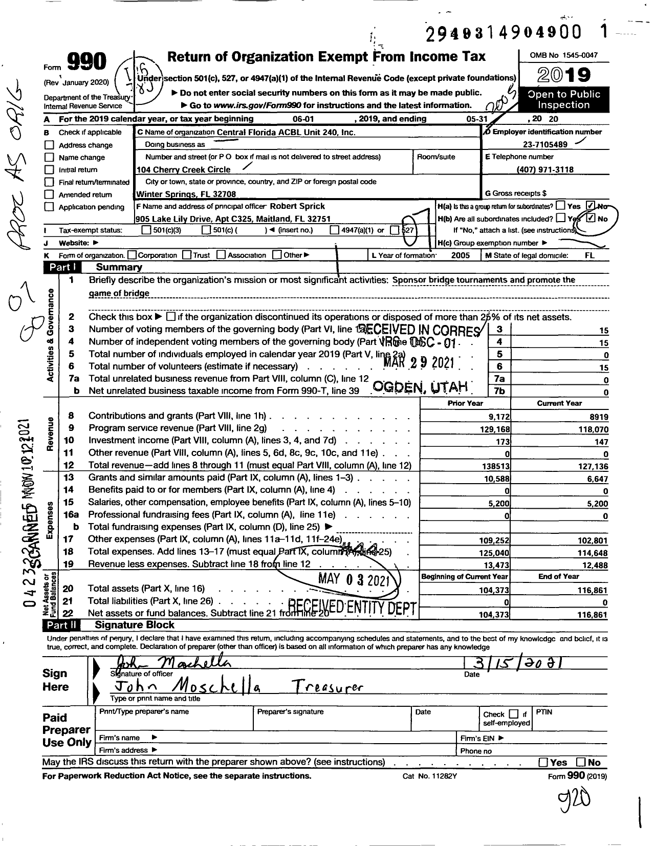 Image of first page of 2019 Form 990O for CentralFLA ACBL UNIT 240