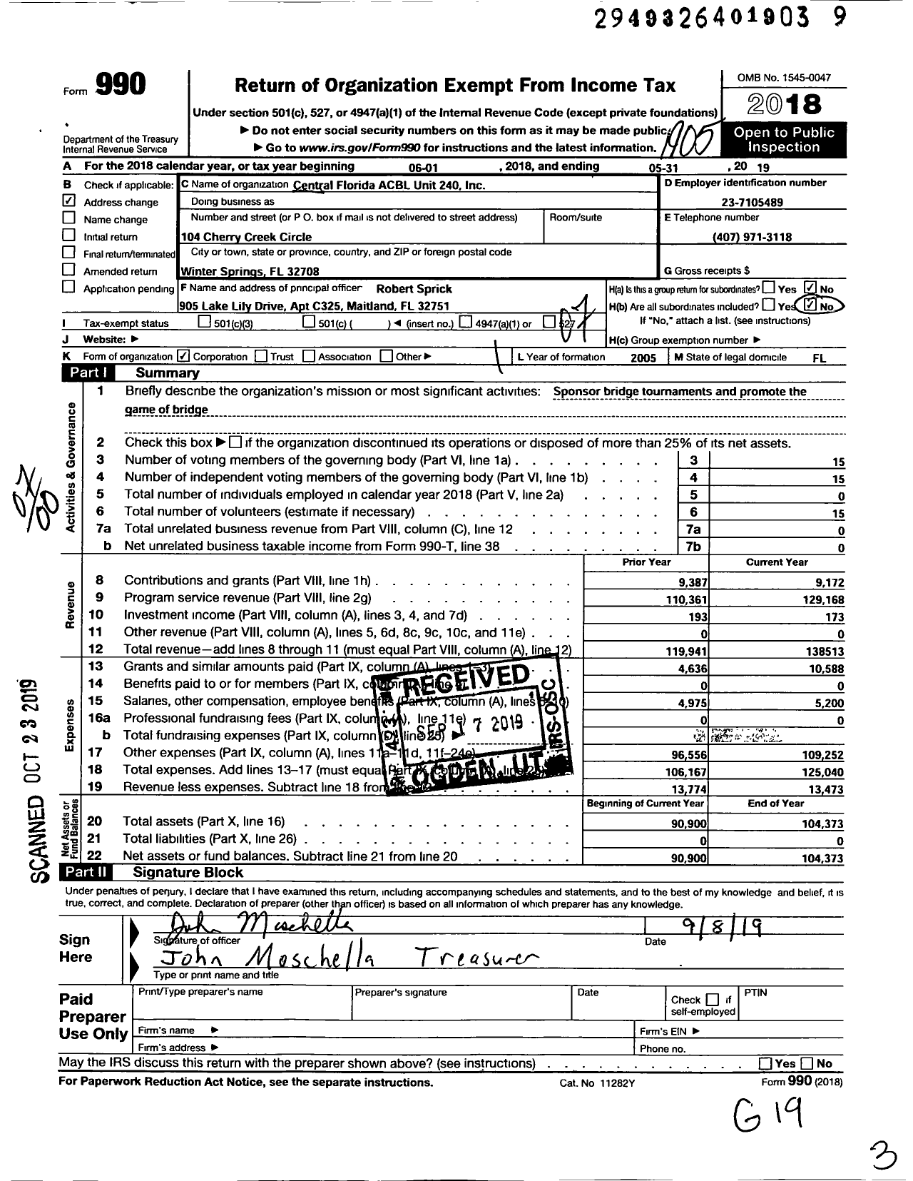 Image of first page of 2018 Form 990O for Central Florida ACBL UNIT 240