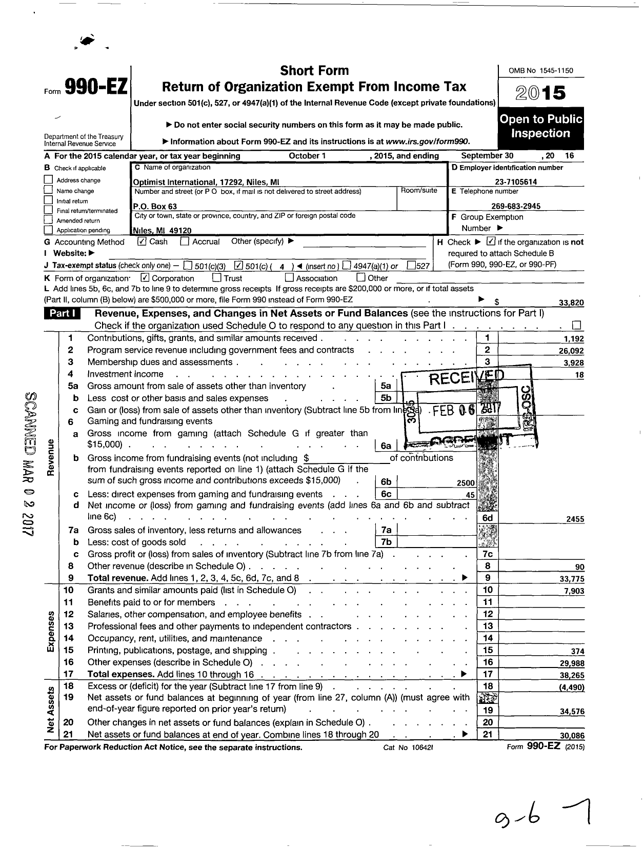 Image of first page of 2015 Form 990EO for Optimist International - 17292 Optimist Club of Niles Mi