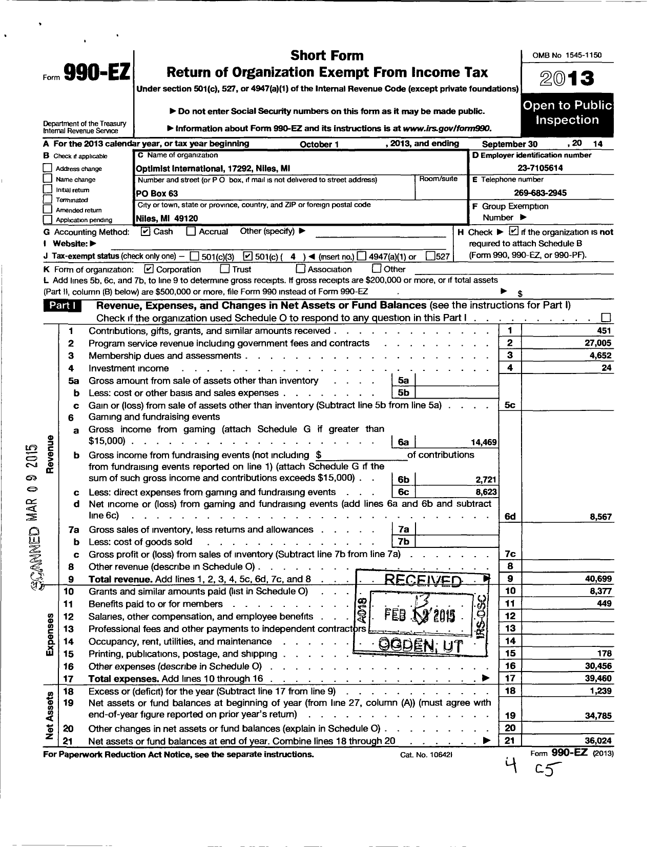 Image of first page of 2013 Form 990EO for Optimist International - 17292 Optimist Club of Niles Mi