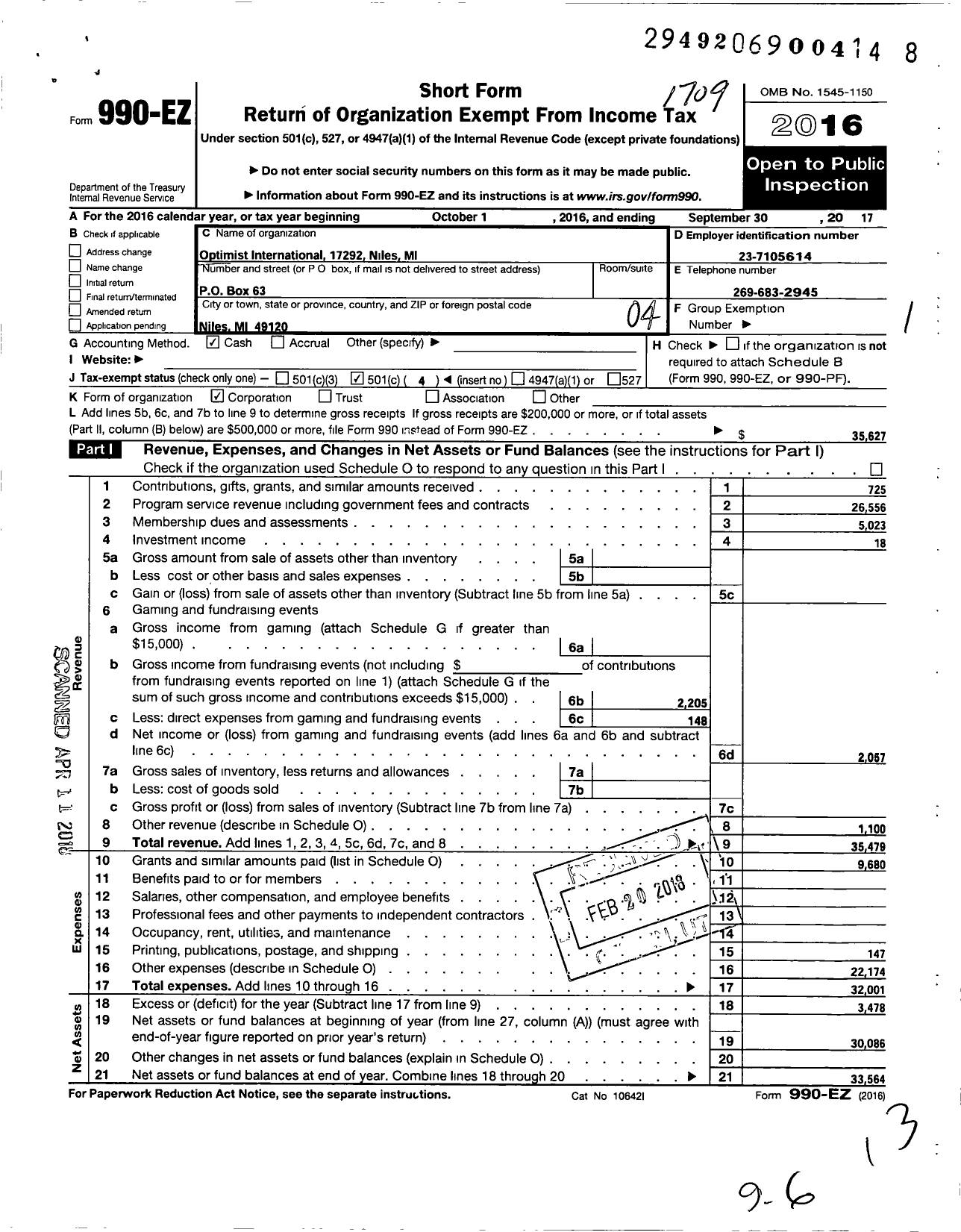 Image of first page of 2016 Form 990EO for Optimist International - 17292 Optimist Club of Niles Mi