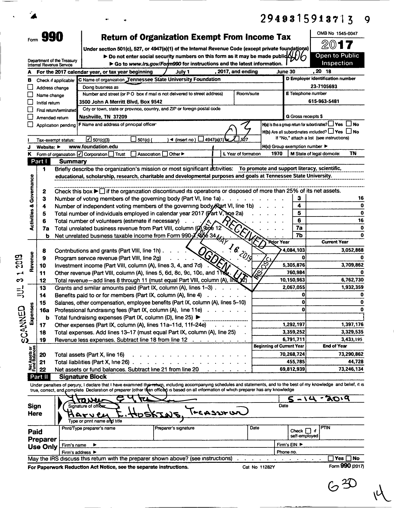 Image of first page of 2017 Form 990 for Tennessee State University Foundation