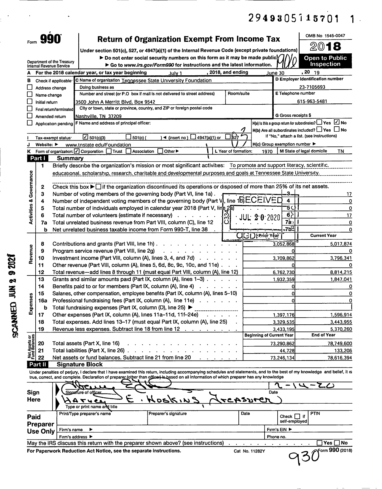 Image of first page of 2018 Form 990 for Tennessee State University Foundation