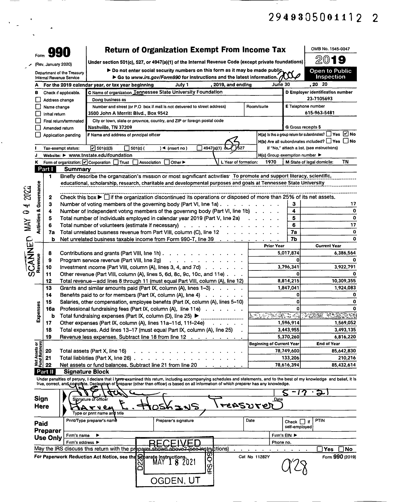 Image of first page of 2019 Form 990 for Tennessee State University Foundation