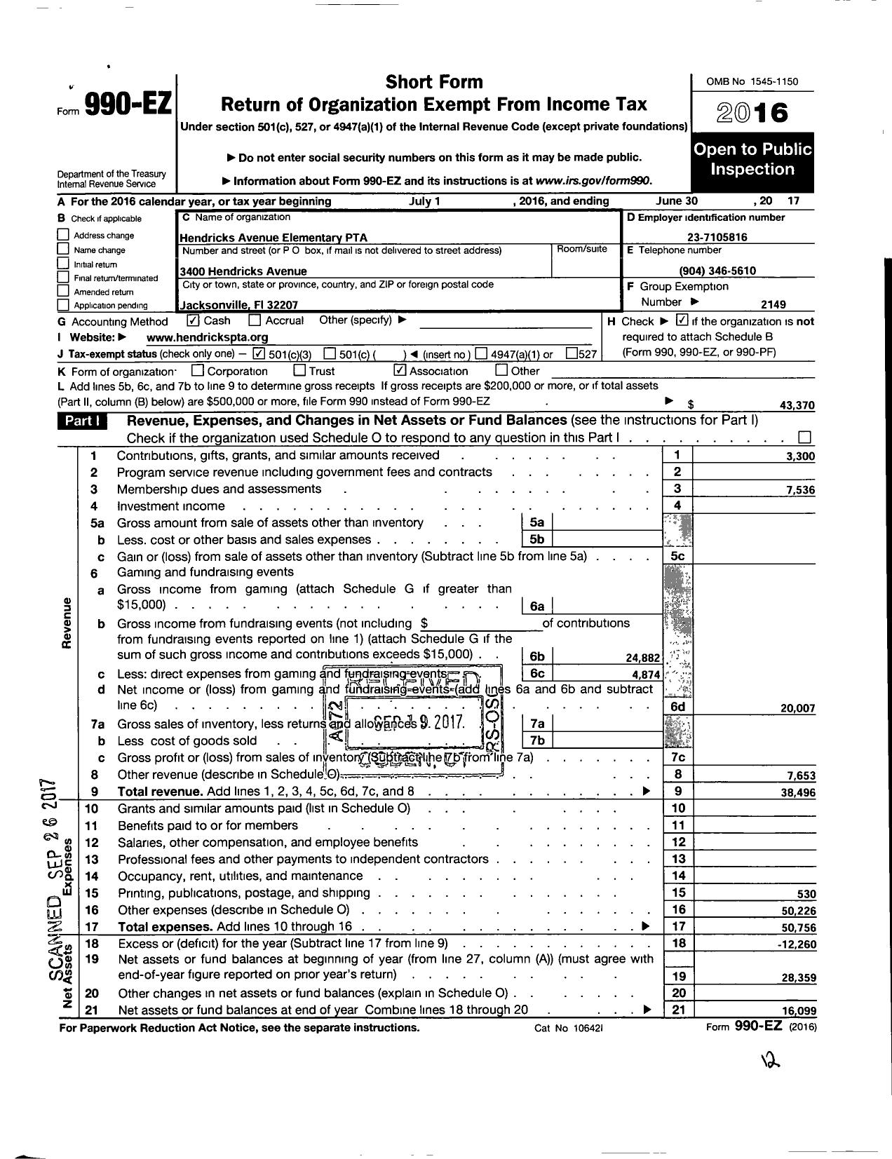 Image of first page of 2016 Form 990EZ for PTA Florida Congress - Hendricks Avenue Elem School PTA